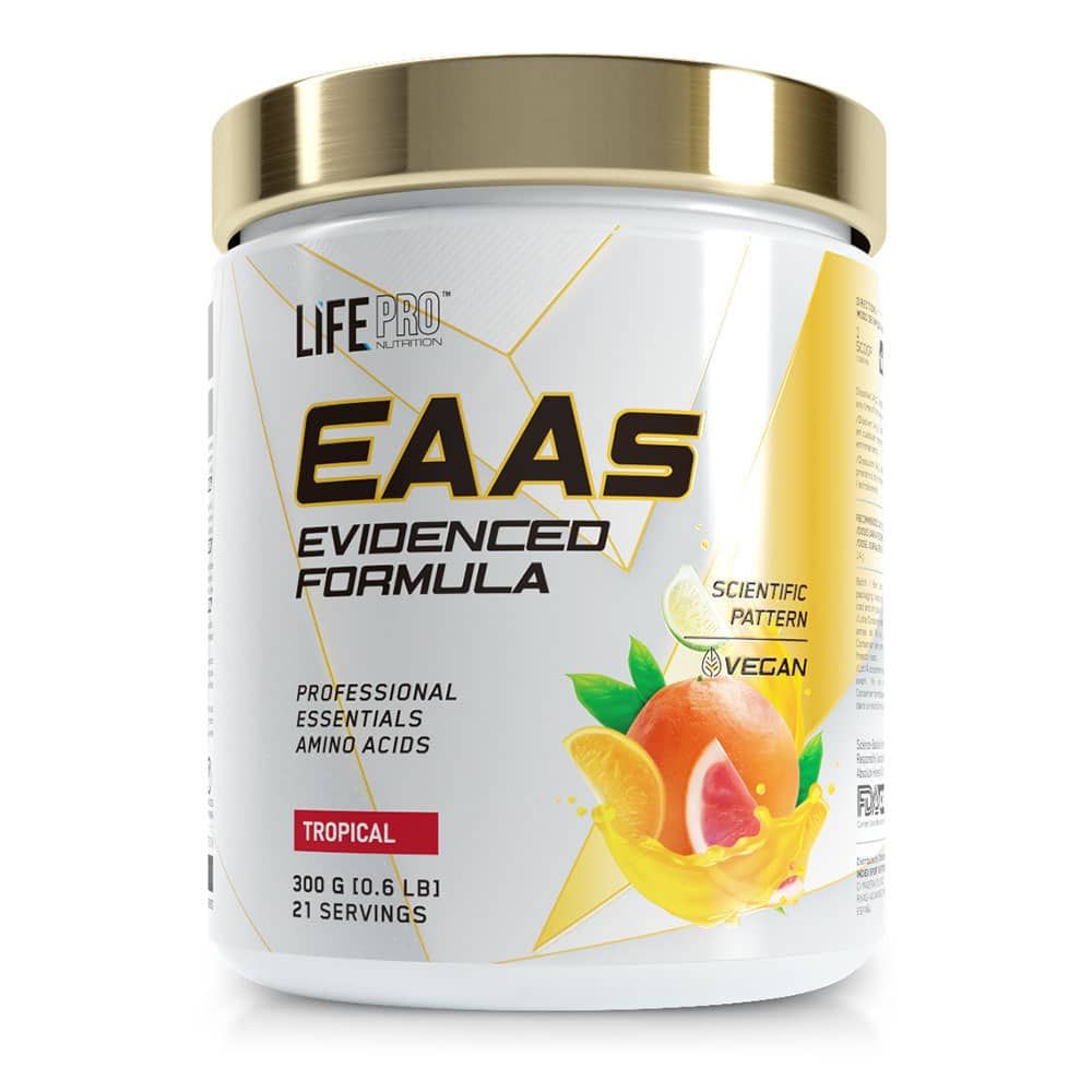 Weißer Behälter mit goldfarbenem Deckel. Aufschrift: EAAS, Evidenced Formula, Life Pro. Abbildung von Früchten. Vegan.