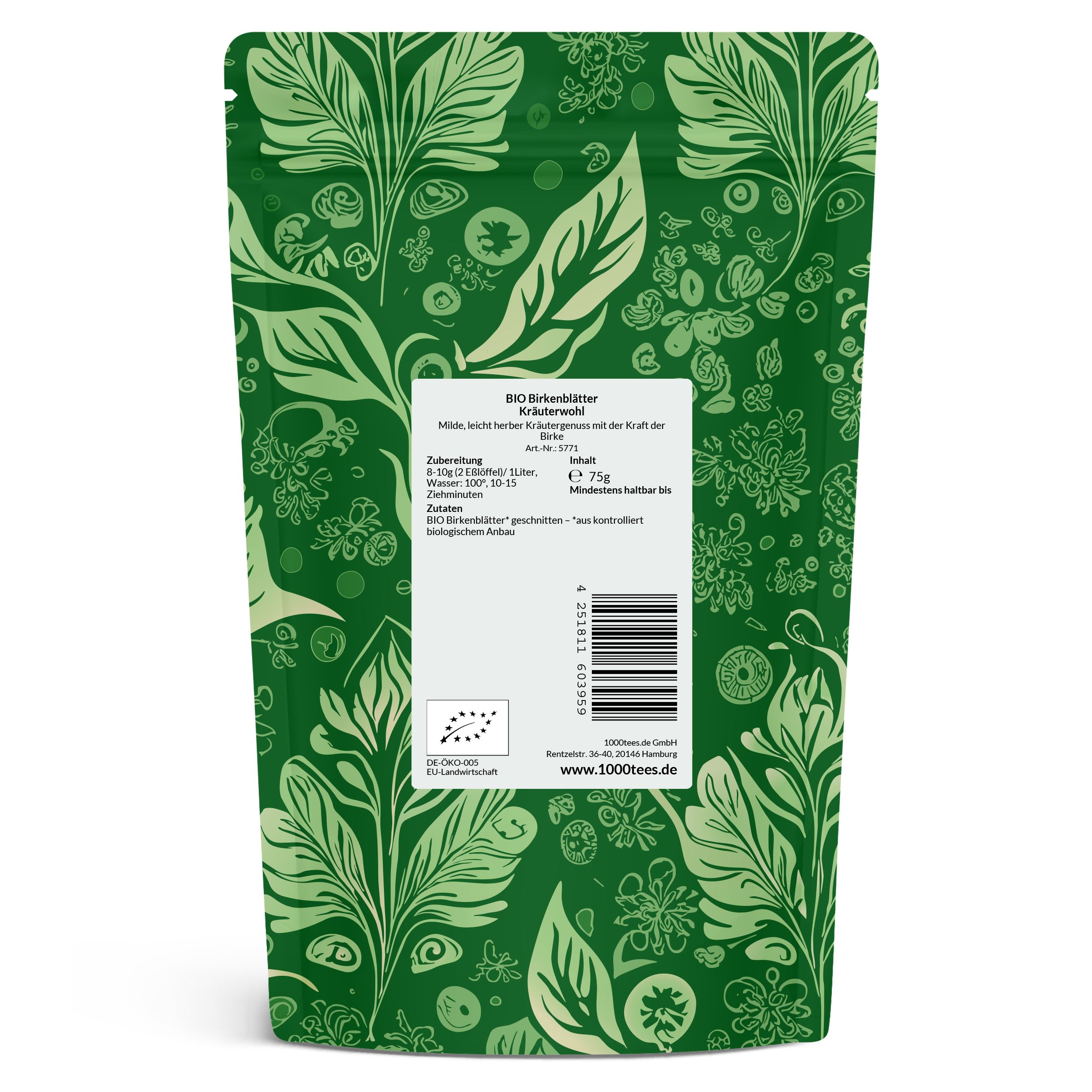 Grüne Verpackung mit floralem Muster und Produktinformationen. BIO-Birkenblätter Kräuterwohl, Barcode und Bio-Siegel.
