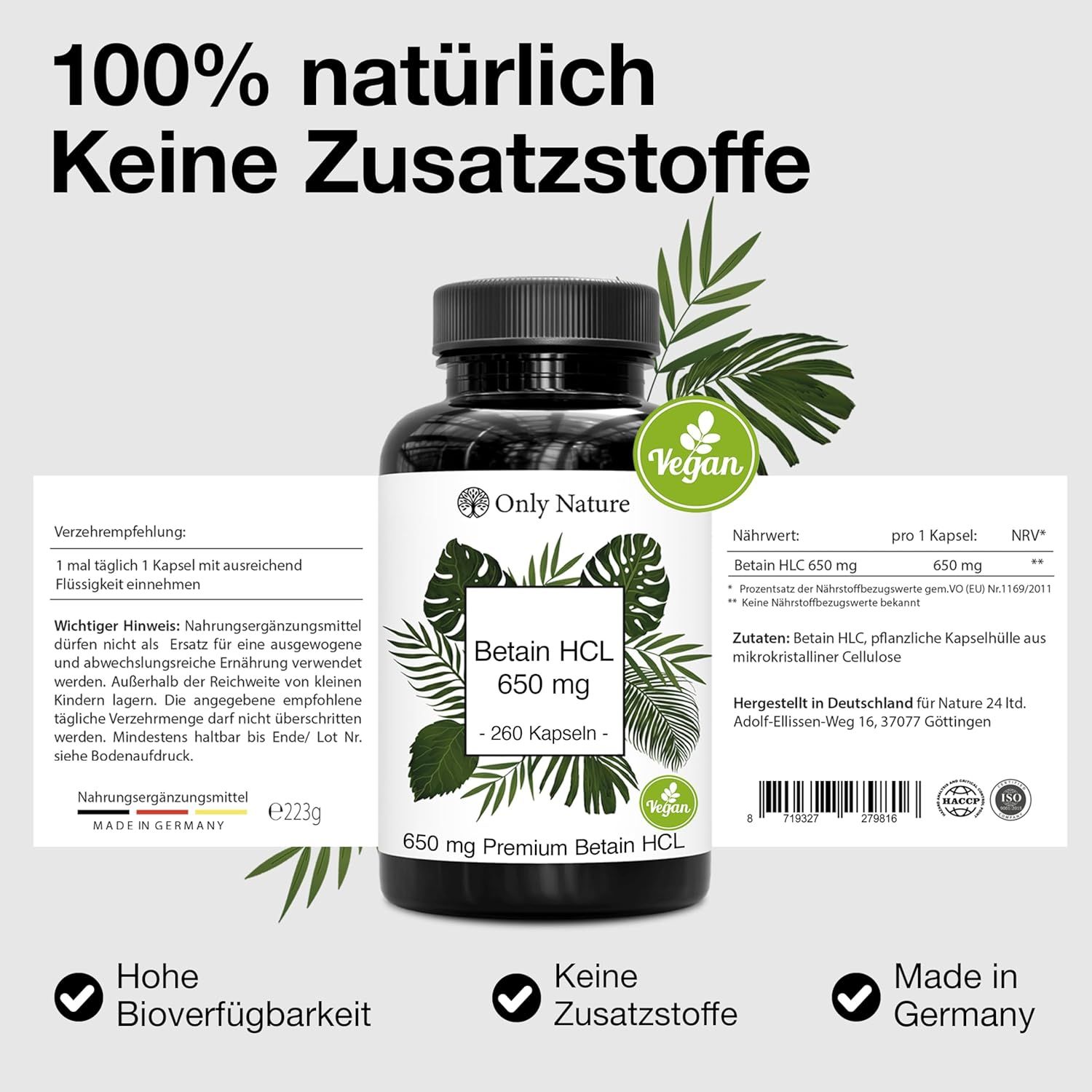 Flasche "Betain HCL 650 mg" mit Etikett. Text: "100% natürlich Keine Zusatzstoffe". Siegel "Vegan" und "Made in Germany".