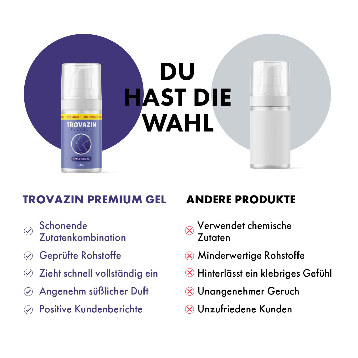 Vergleich von Trovazin Premium Gel mit anderen Produkten. Vorteile: schonende Zutaten, geprüfte Rohstoffe, zieht schnell ein, angenehmer Duft.