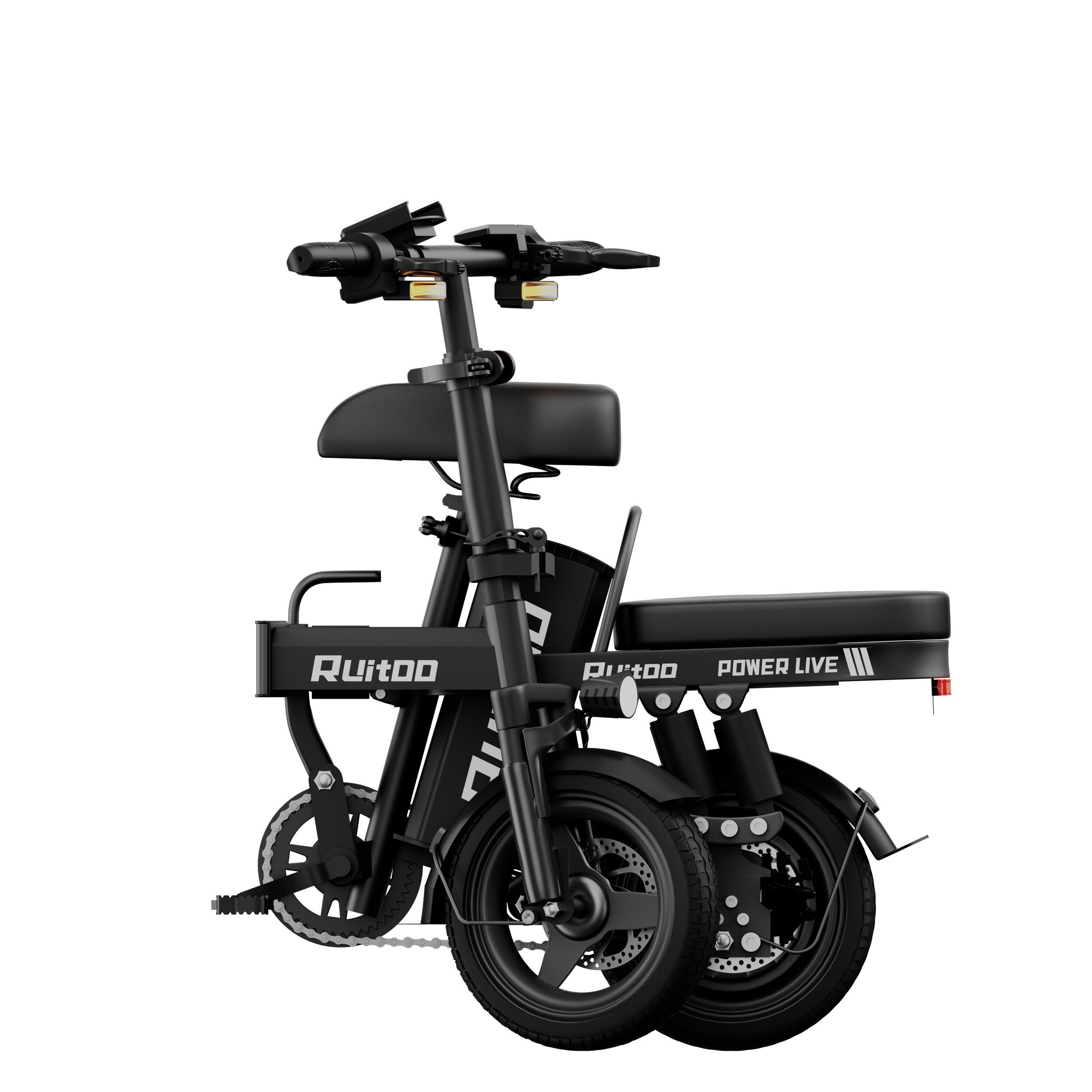 Gefaltetes schwarzes E-Bike. Sichtbar: Räder, Sattel, Akku, Lenker. Marke: Ruitoo.