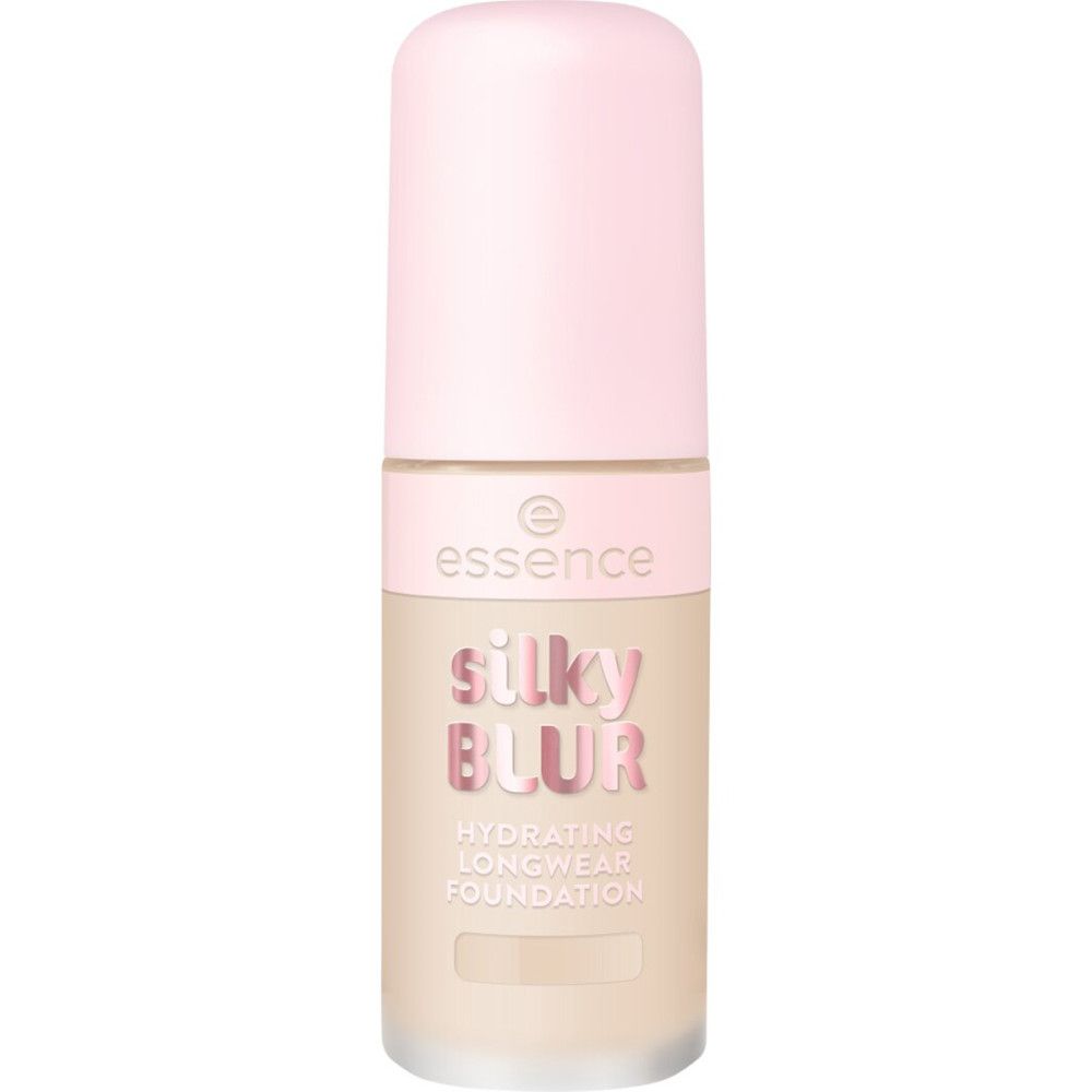 Foundation-Flakon mit rosa Deckel. Aufschrift: Essence, Silky Blur, Hydrating Longwear Foundation.
