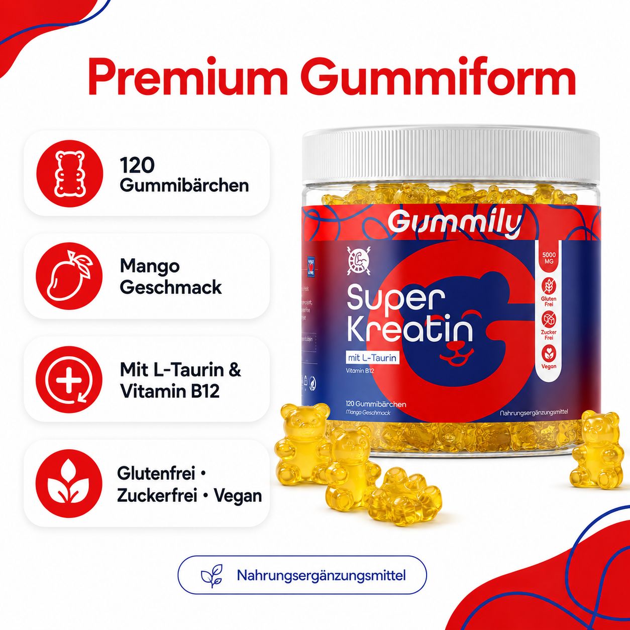 Gummily Super Kreatin Gummibärchen: 120 Stück, Mango Geschmack, mit L-Taurin & Vitamin B12, glutenfrei, zuckerfrei, vegan.