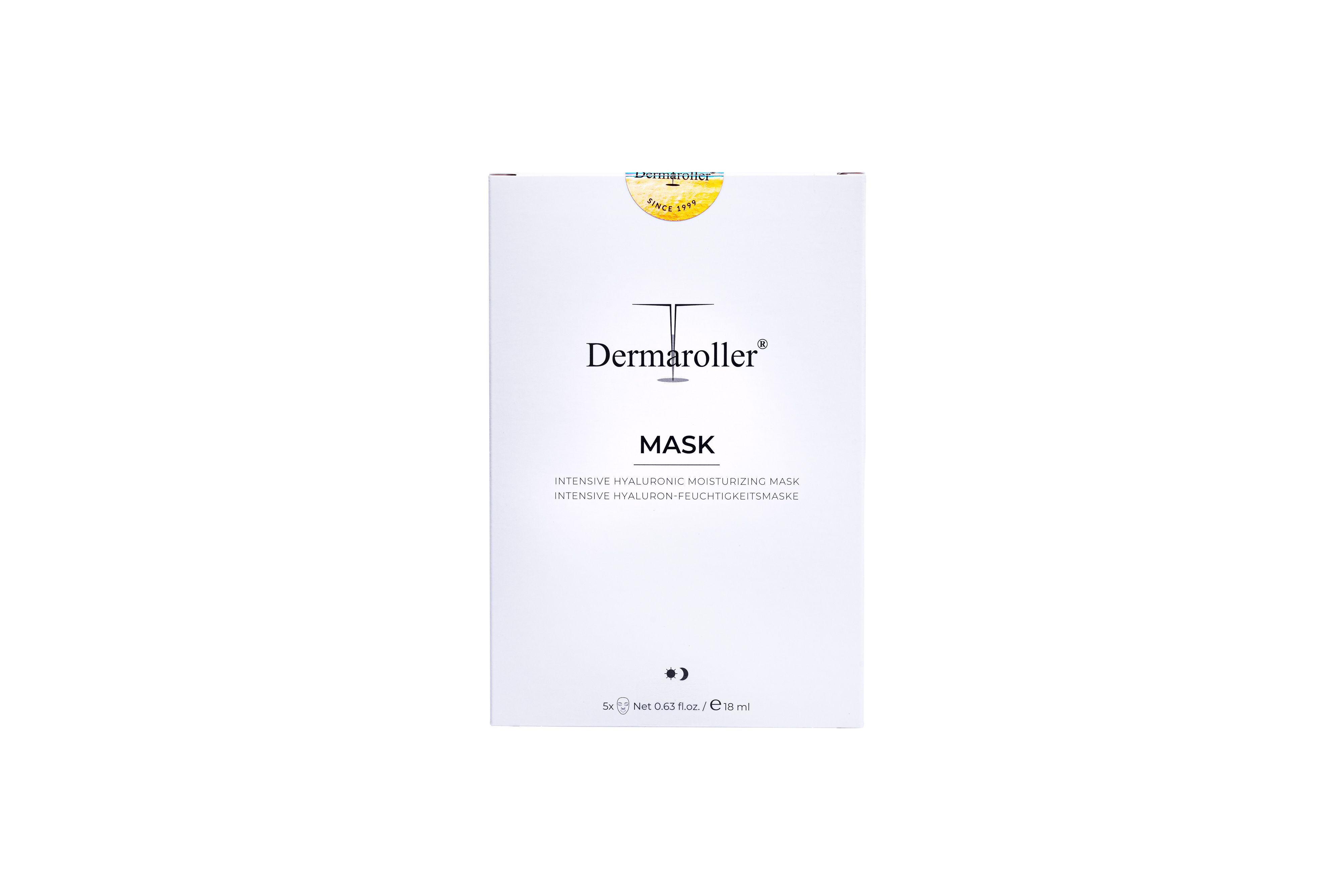 Weiße Produktverpackung für Dermaroller Maske mit Logo und Produktnamen.