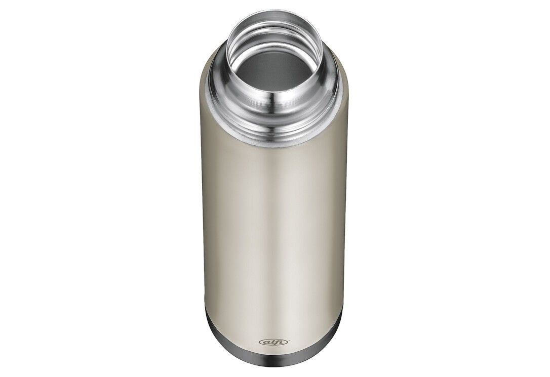 Beige Isolierflasche, von oben. Edelstahl-Öffnung. ALFI-Logo unten.