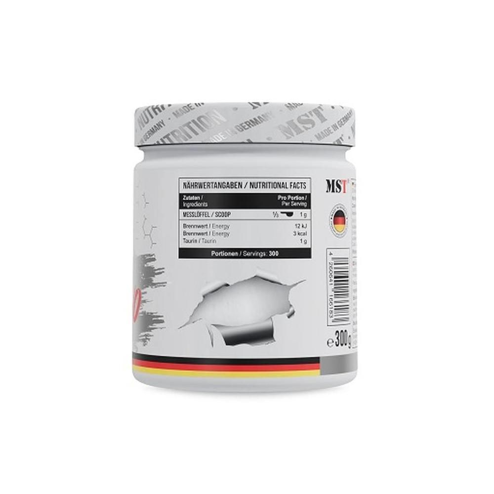 Weiße Dose mit MST-Logo und Nährwertangaben. Aufdruck: Taurin, 300 Portionen. Deutscher Flaggen-Aufdruck.