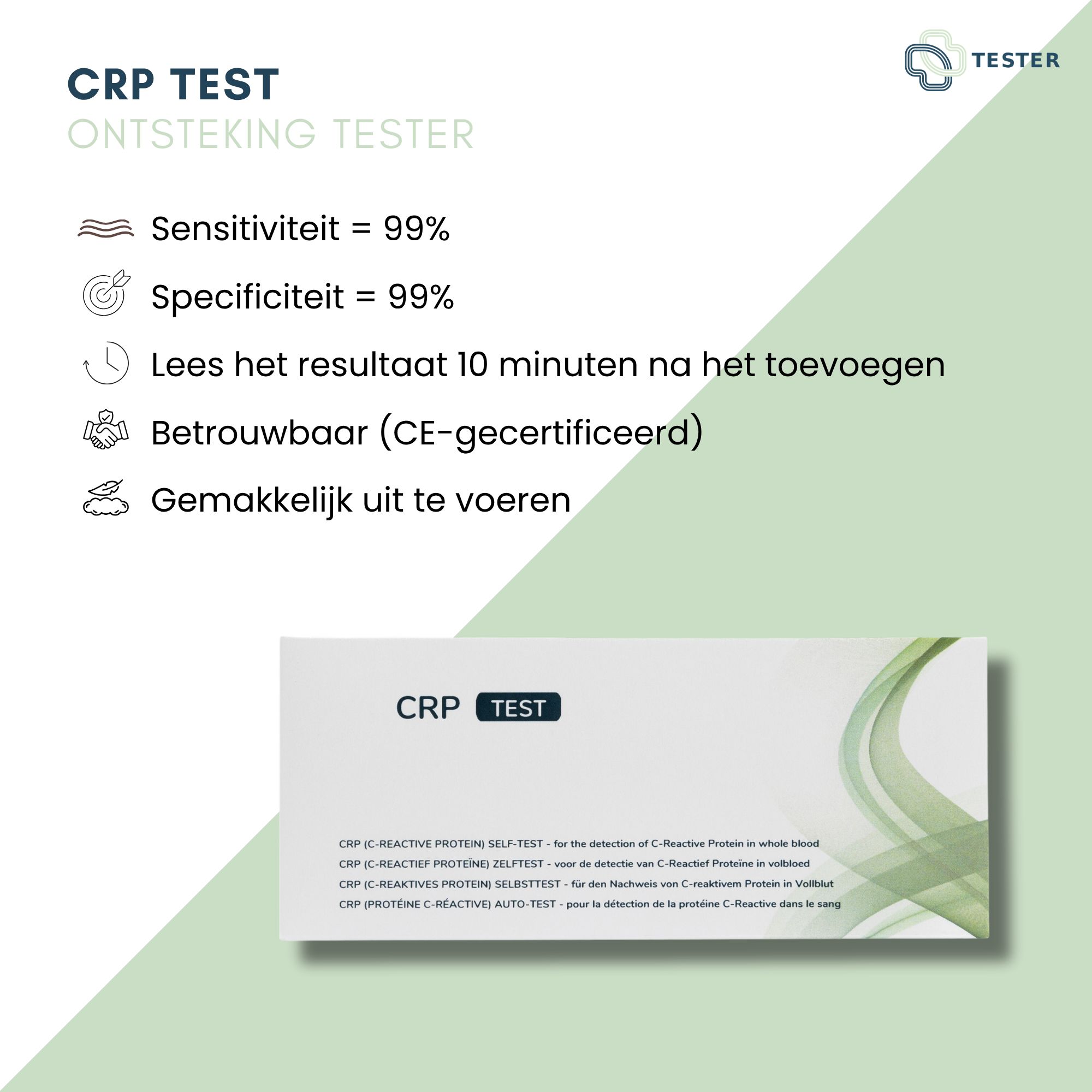 Infografik mit Text: Sensitivität 99%, Spezifität 99%, Ergebnis nach 10 Minuten, zuverlässig (CE-zertifiziert), einfach.