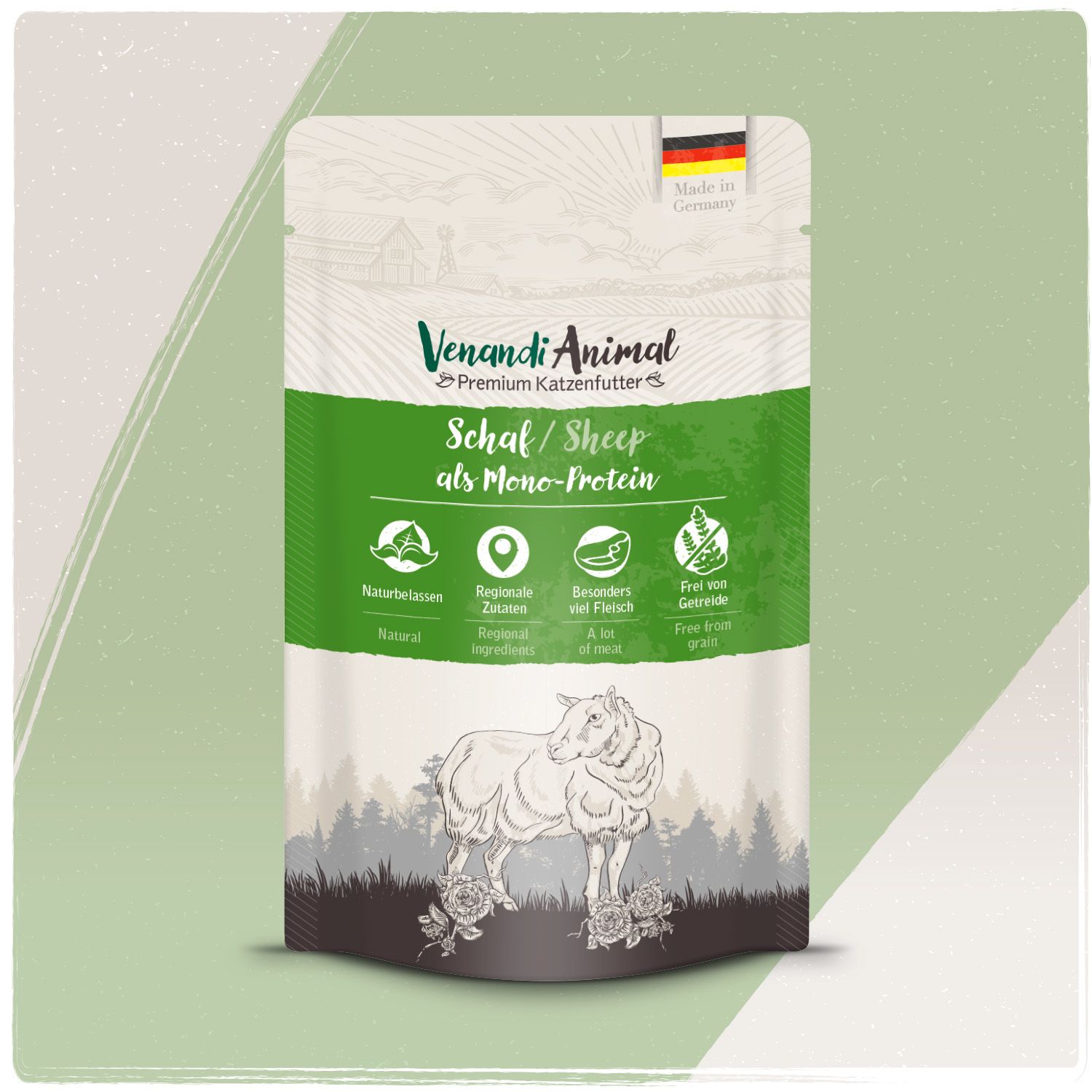 Venandi Animal Premium Katzenfutter Schaf als Mono-Protein: Beutel mit Schaf-Illustration und deutschen Qualitätsmerkmalen.
