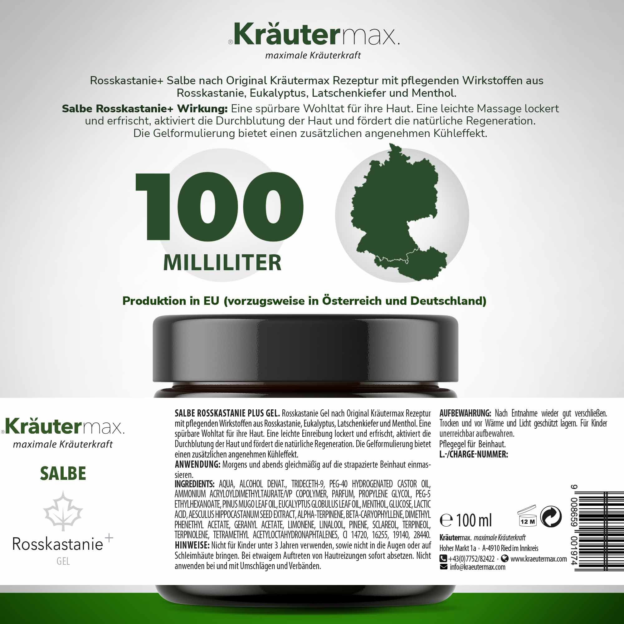 Braunes Glas mit Kräutermax Salbe. Aufschrift: Salbe Rosskastanie+. 100 ml. Text: Produktion in EU.