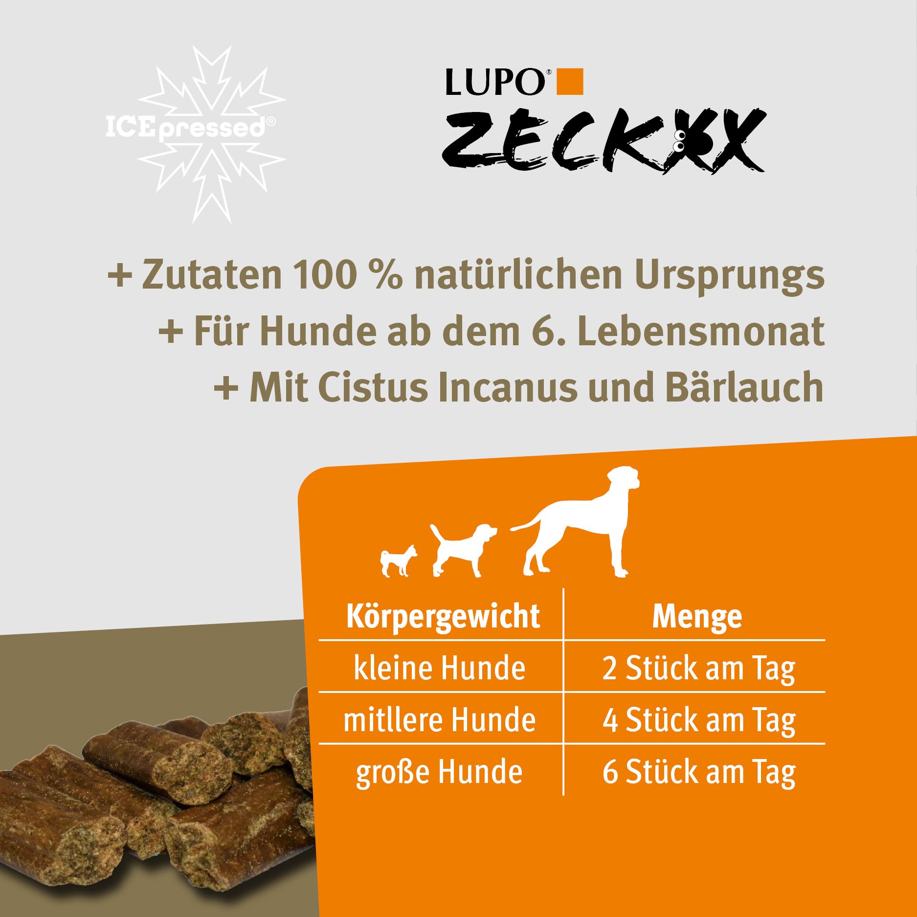 Tabelle mit Dosierungsempfehlungen für LUPO ZECKXX. Kleine, mittlere und große Hunde. ICE-pressed Siegel.