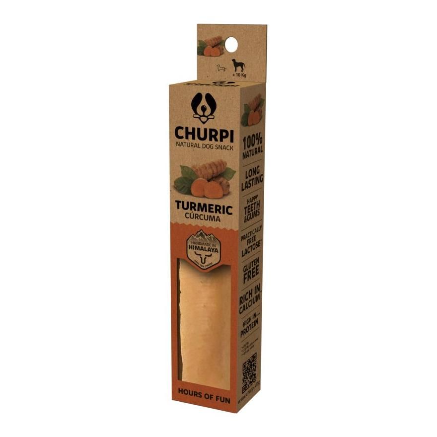 Verpackung mit Hundesnack. Aufschrift: Churpi, Kurkuma, Himalaya. Enthält 100% natürliche Zutaten, ist laktose- und glutenfrei.