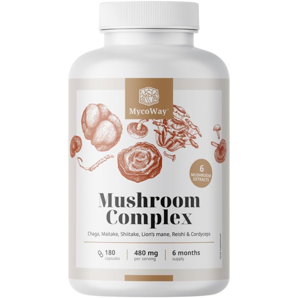 Weißes Pillenbehälter mit braunem Etikett. Aufschrift: Mushroom Complex. 180 Kapseln, 480 mg pro Portion, 6 Monate Vorrat.