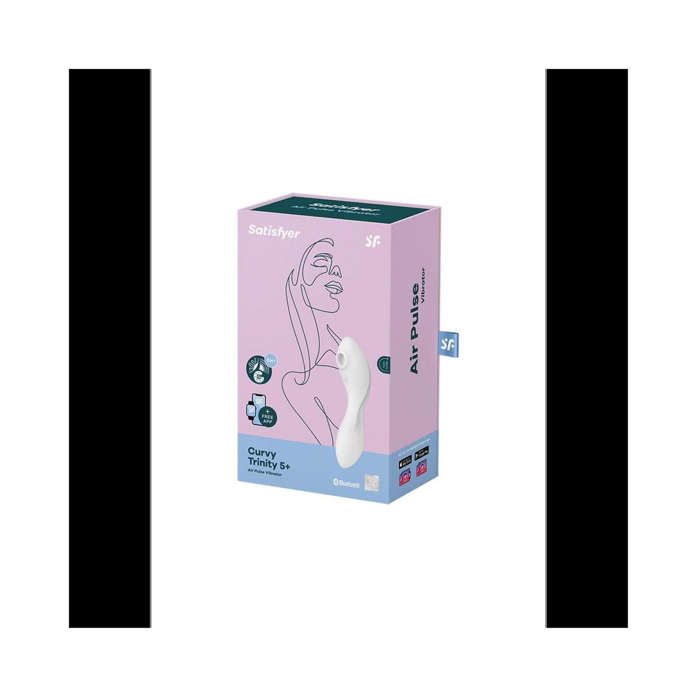 Verpackung für ein Wellness-Produkt. Rosa Box mit Produktabbildung. Text: Satisfyer, Curvy Trinity 5+, Air Pulse.