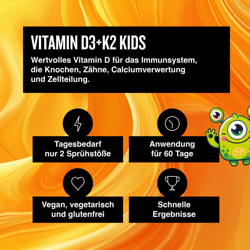 Textfeld mit Text: VITAMIN D3+K2 KIDS. Wertvolles Vitamin D für das Immunsystem, Knochen, Zähne, Calciumverwertung und Zellteilung. Schnelle Ergebnisse.