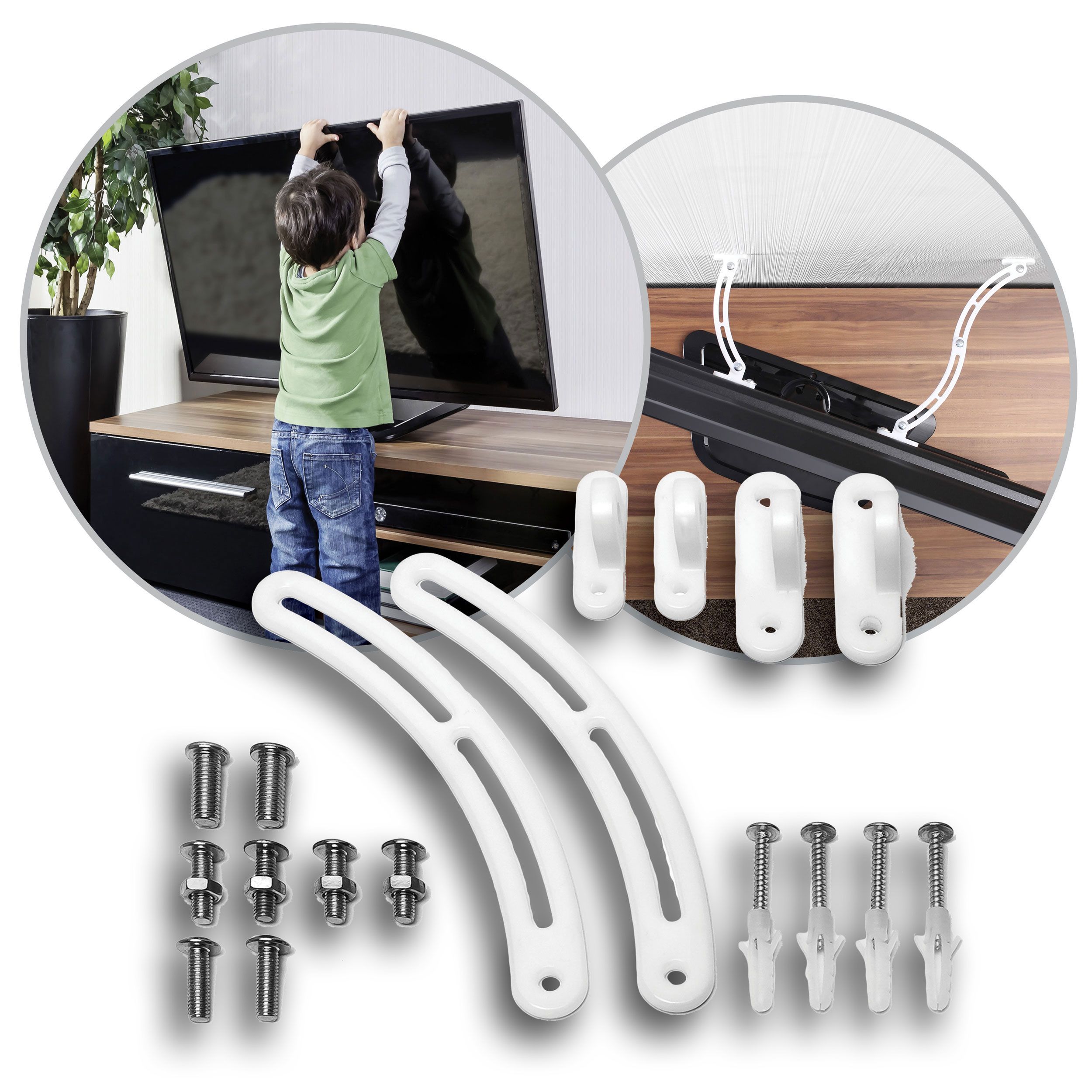 Sicherheitsgurte für Fernseher mit Befestigungsmaterial, Wandhalterungen und Haken.