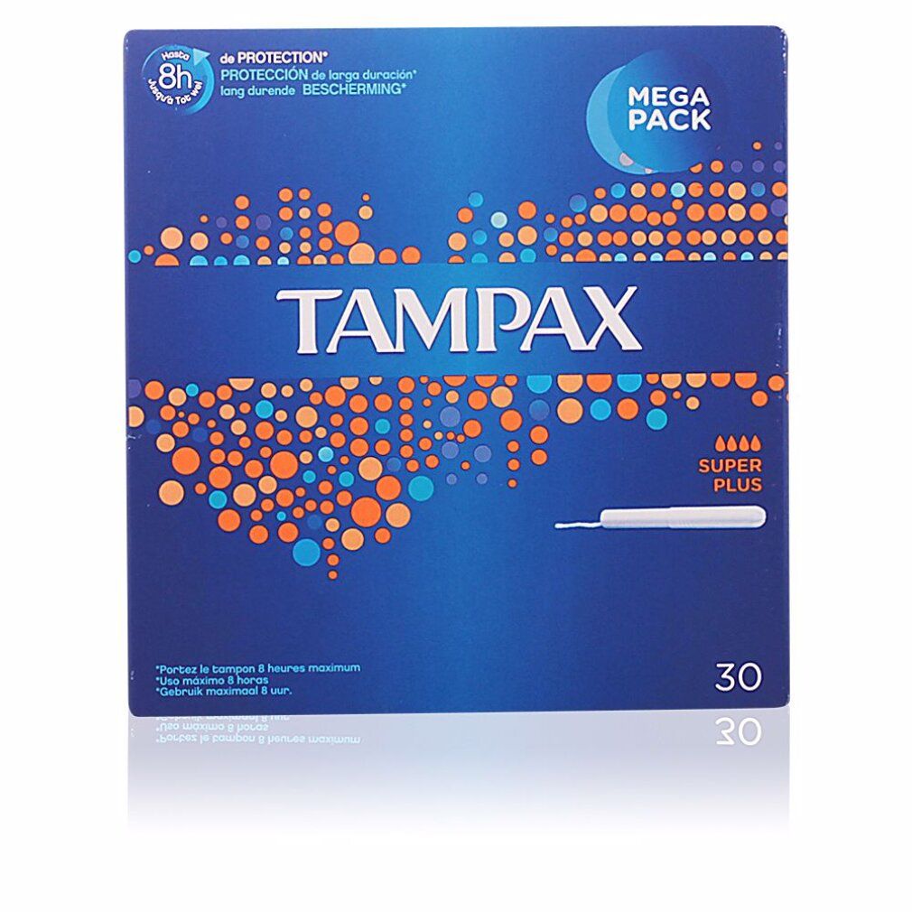 Blaue Verpackung mit TAMPAX Super Plus, 30 Stück. Aufschrift: 8h Schutz. Mega Pack.