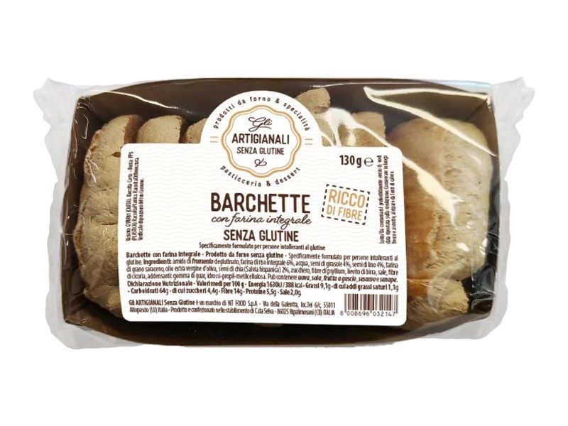 Confezione di Barchette senza glutine con farina integrale Nutrifree. Le barchette sono confezionate in una pellicola trasparente, all'interno di una scatola marrone. Sulla confezione sono visibili il logo e il nome del marchio, la dicitura "Barchette senza glutine con farina integrale" e il peso di 130g.