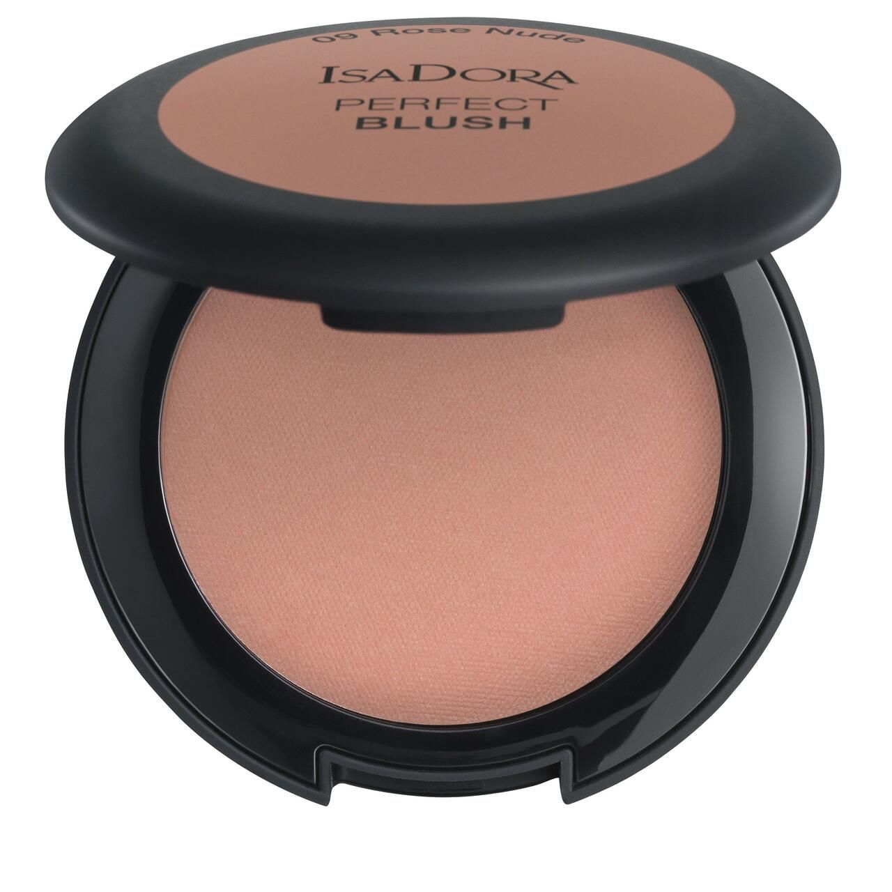 Blush-Kompaktpuder, geöffnet. Schwarzer Behälter mit rosafarbenem Puder. Deckel mit Produktbezeichnung und Farbton. Marke: IsaDora, Perfect Blush.