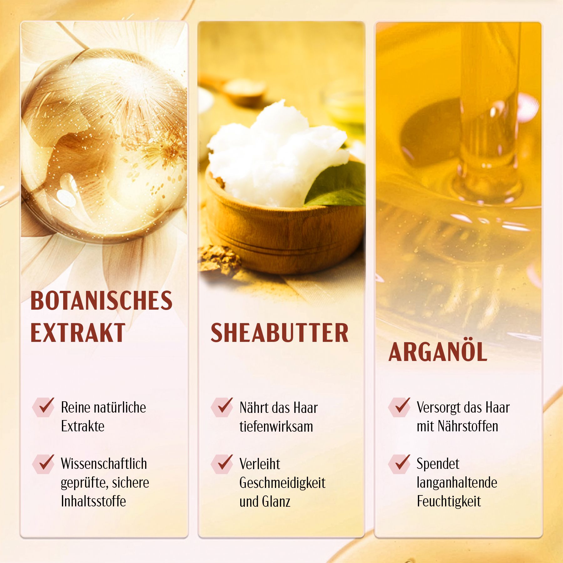 Drei Bilder: Botanischer Extrakt, Sheabutter, Arganöl. Text: Vorteile, Inhaltsstoffe. Rote Häkchen.
