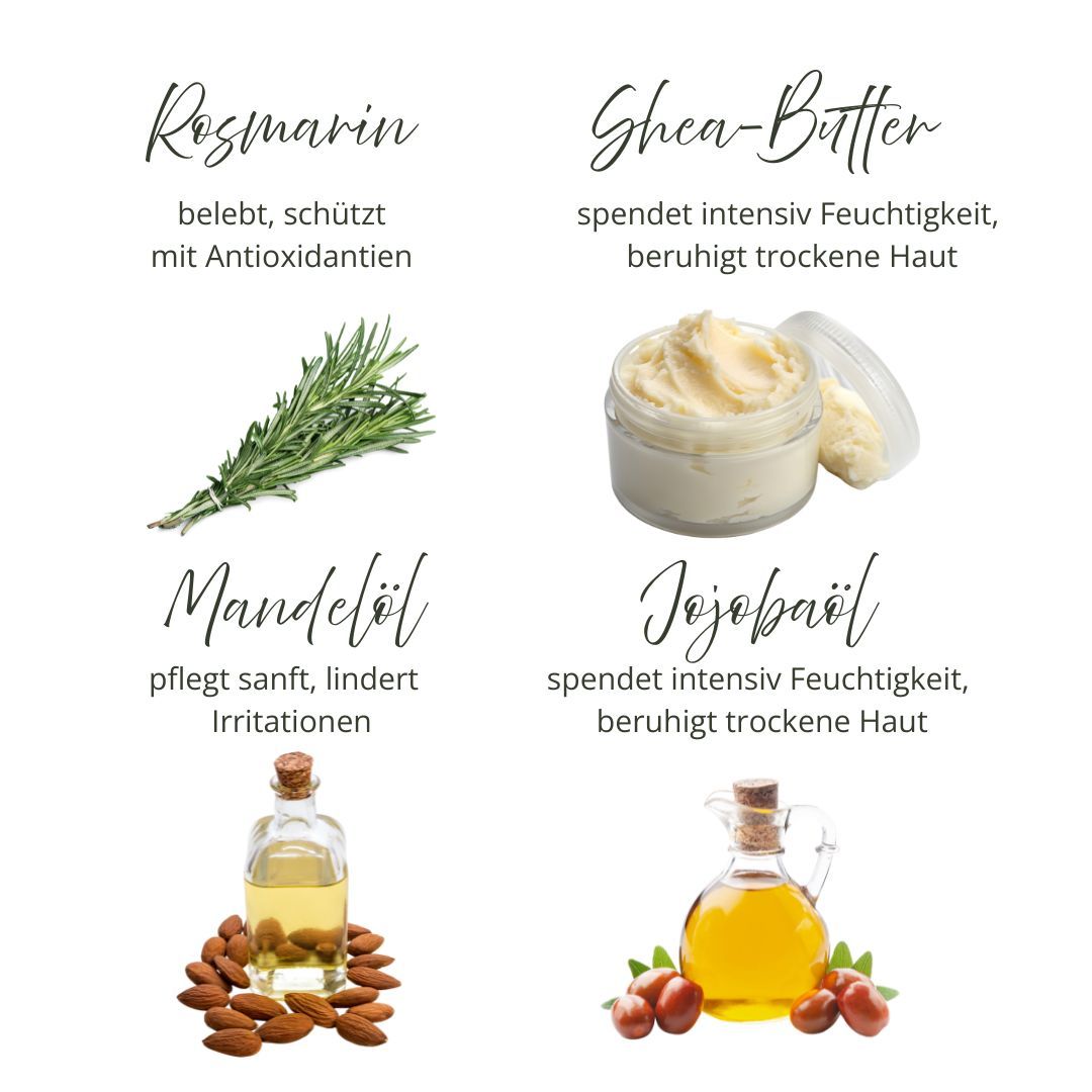 Vier Bilder mit Inhaltsstoffen: Rosmarin, Sheabutter, Mandelöl, Jojobaöl. Textbeschreibungen.