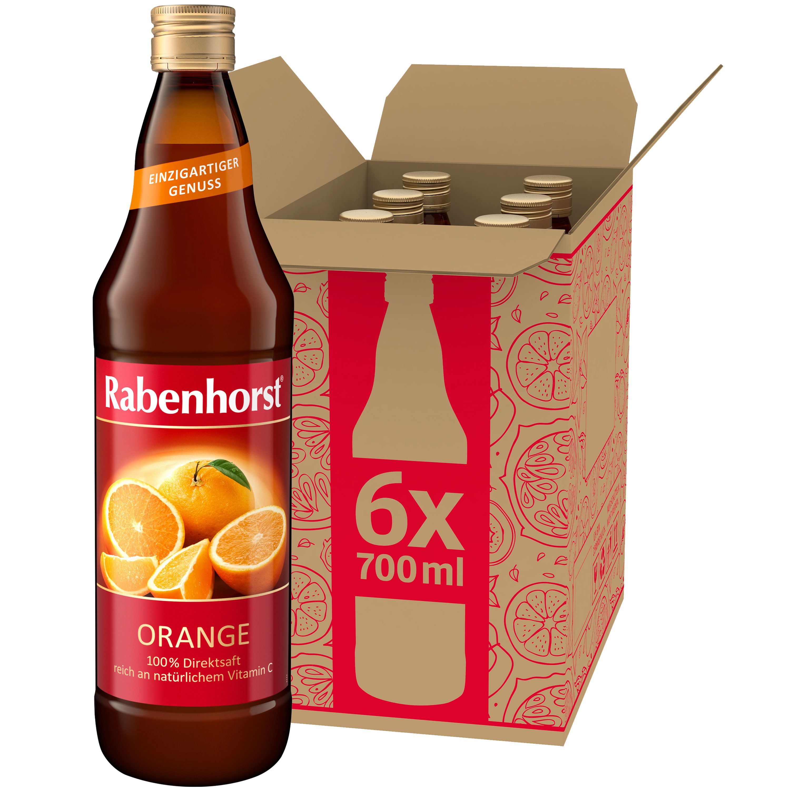 Rabenhorst Orangensaft-Flasche und Karton. Flasche mit Etikett, Orangen-Abbildung. Karton mit 6 Flaschen-Umriss.
