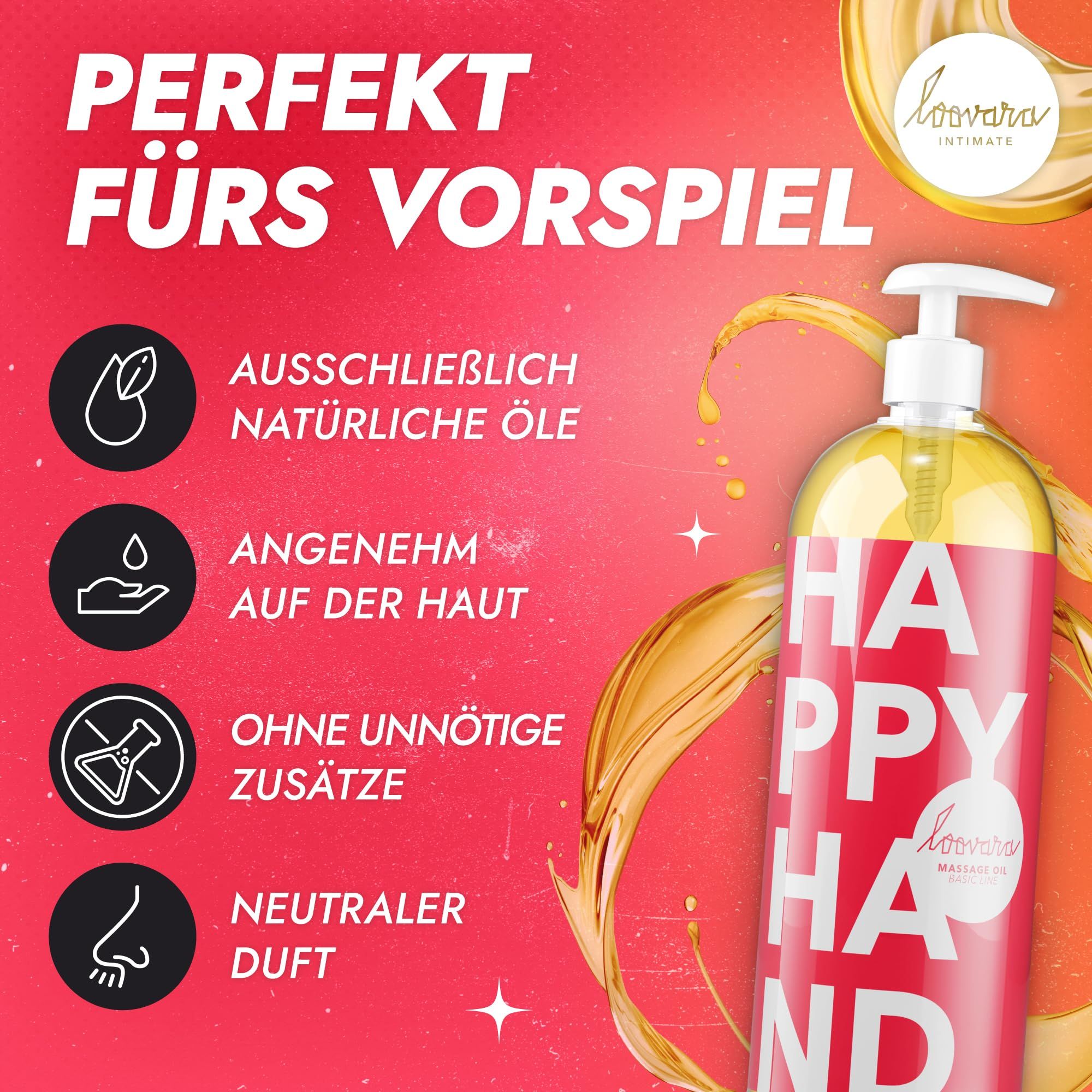 Fünf Flaschen Massageöl mit verschiedenen Aufschriften, darunter "Happy Hand".