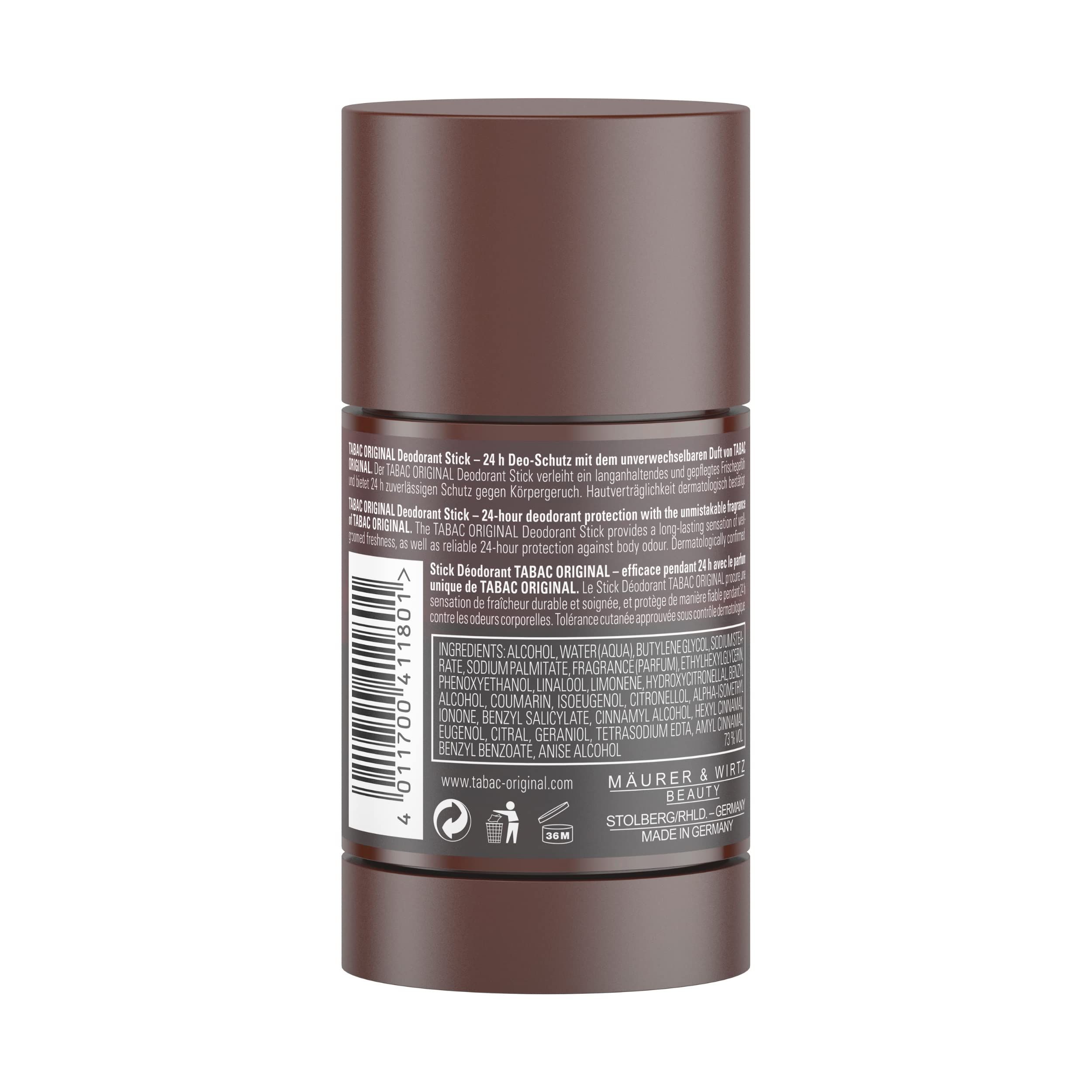 Rückseite des Deo-Sticks Tabac Original. Text mit Inhaltsstoffen und Herstellerinformationen. Braune Verpackung.