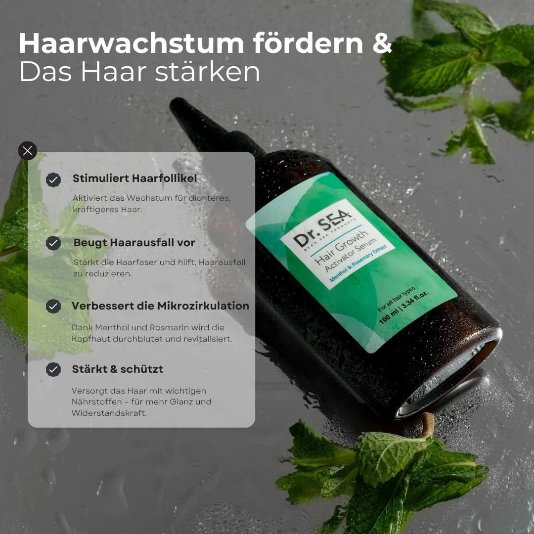 Flasche mit Produktetikett, umgeben von Minze. Textbox mit Vorteilen: stimuliert Haarfollikel, beugt Haarausfall vor, etc.