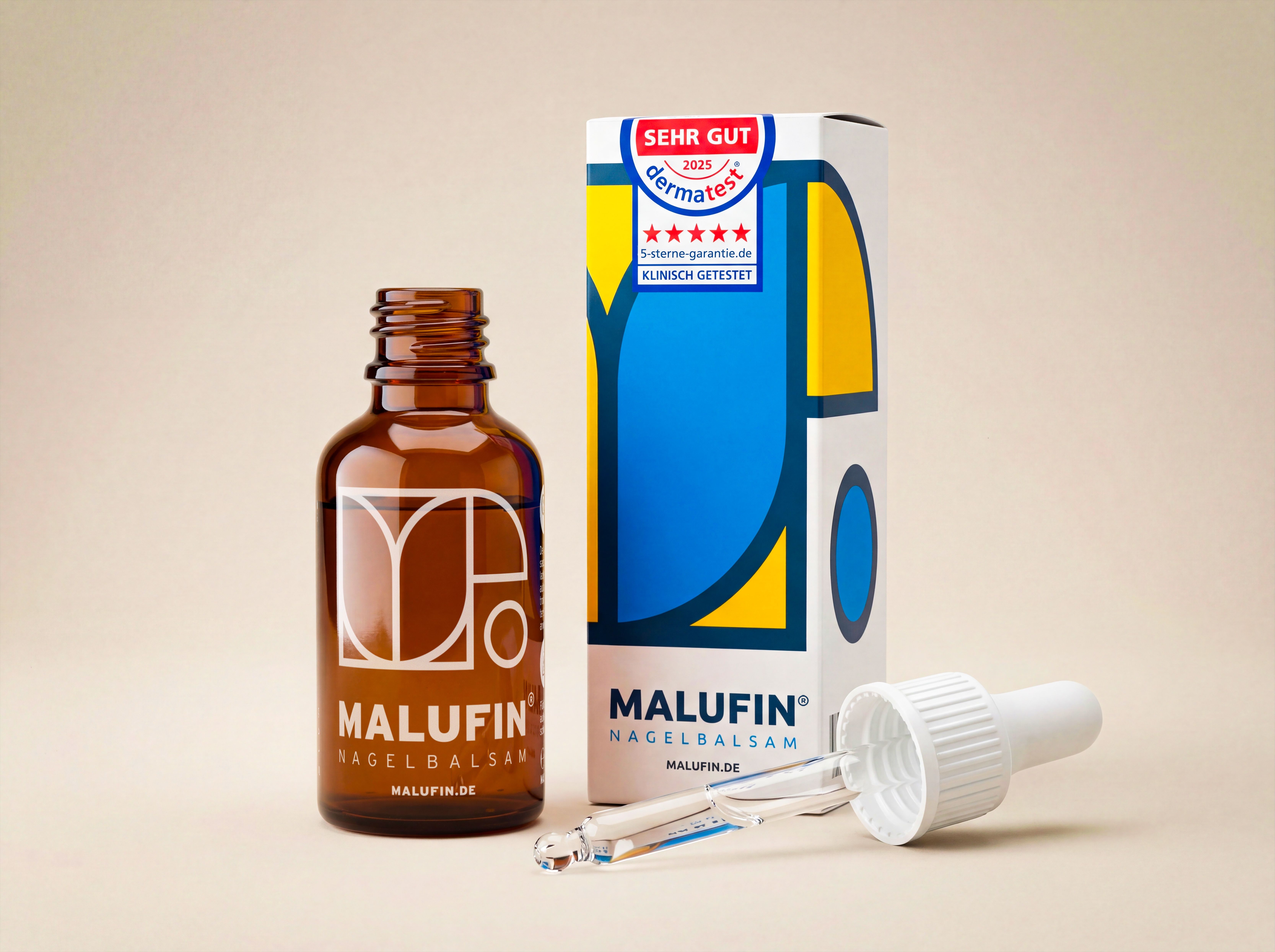MALUFIN Nagelbalsam Flasche mit Pipette und Faltschachtel. "Dermatest" Siegel sichtbar.