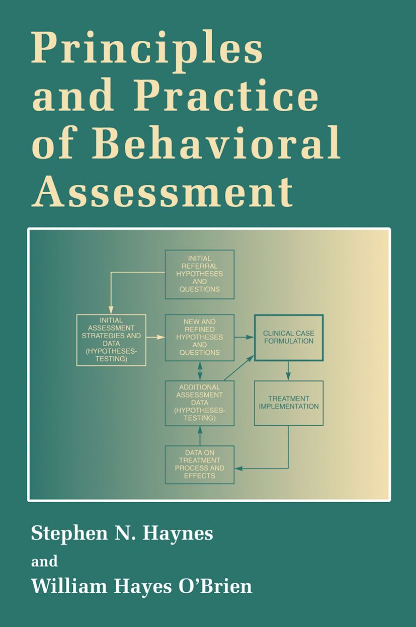 Buchcover: Principles and Practice of Behavioral Assessment. Titel und Autoren. Diagramm mit Prozessschritten. Grün-beiger Hintergrund.