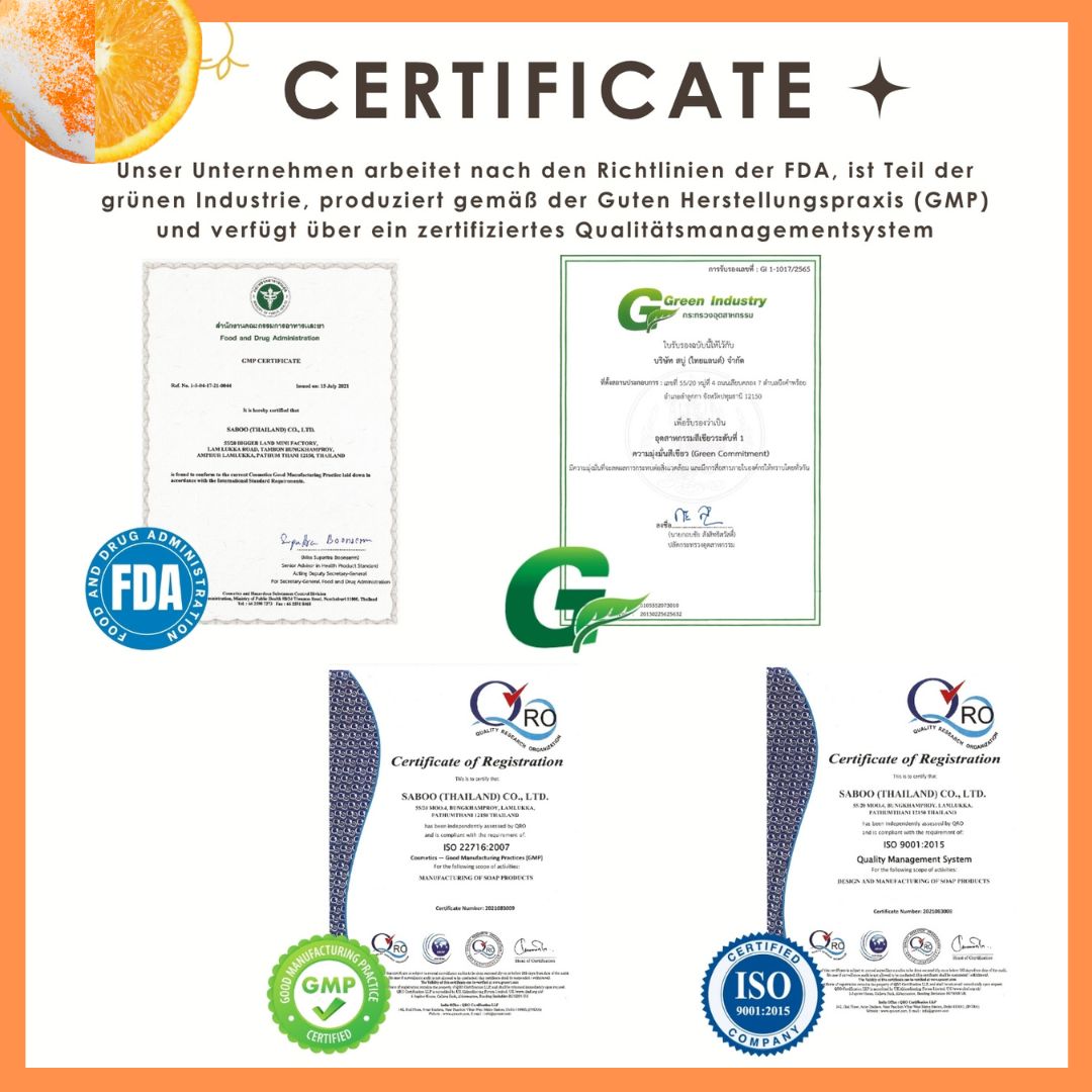 Zertifikate: FDA, GMP, ISO 9001. Logo: Green Industry, QRO.