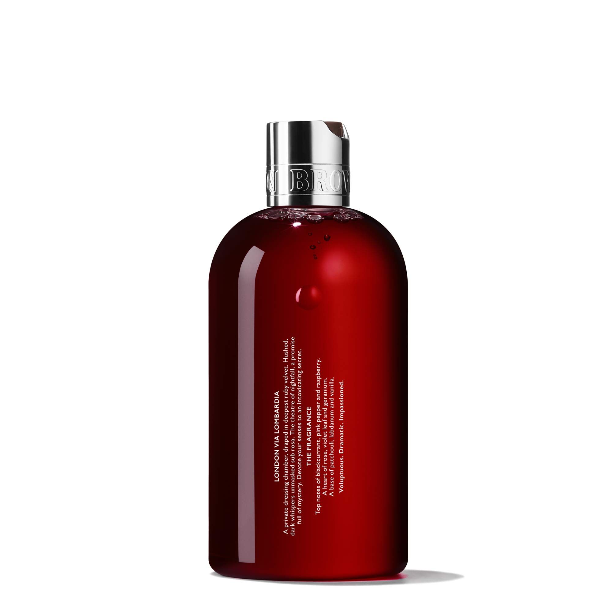 Rote Flasche mit silbernem Pumpkopf. Aufschrift: Molton Brown London. Text: London via Lombardia.