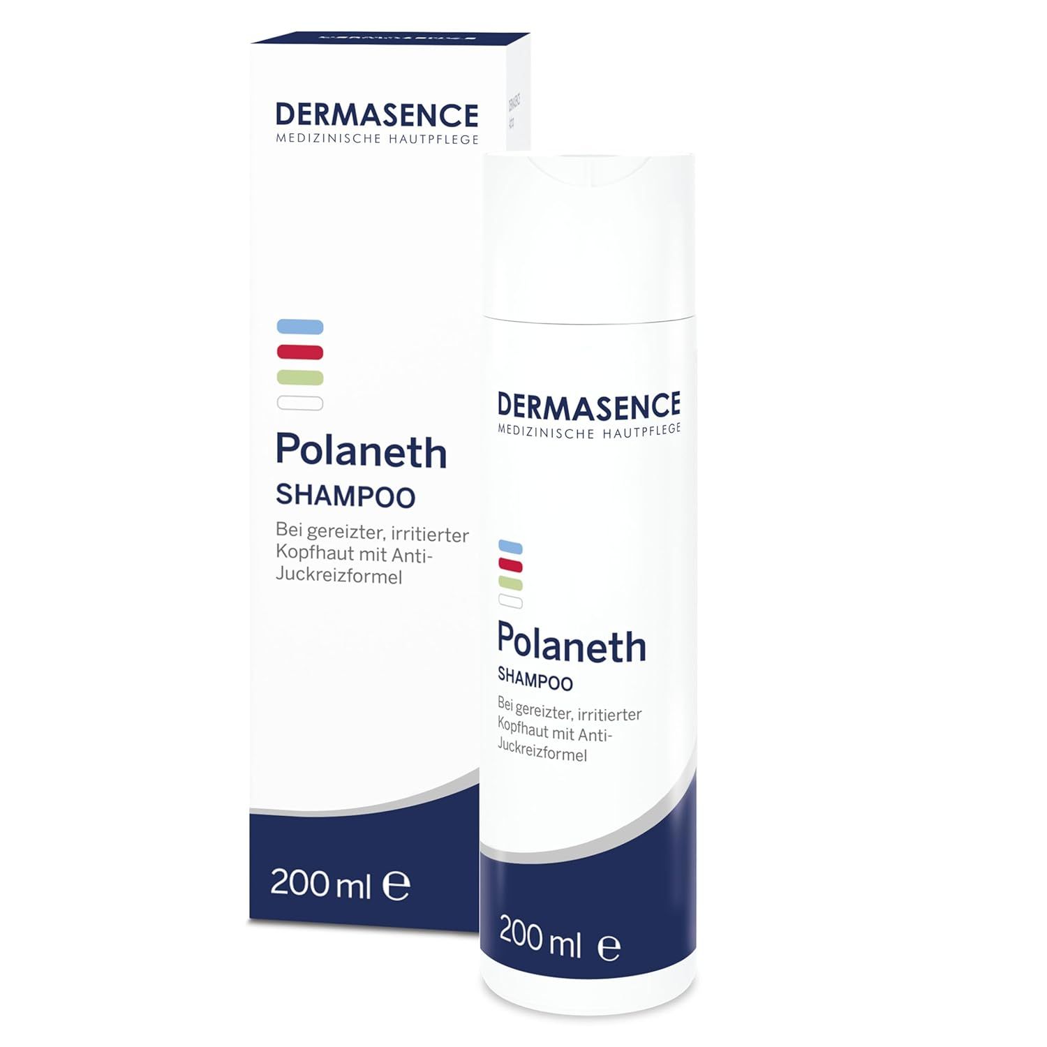 DERMASENCE Polaneth Shampoo Flasche und Verpackung. Produktetikett mit Text. 200 ml.