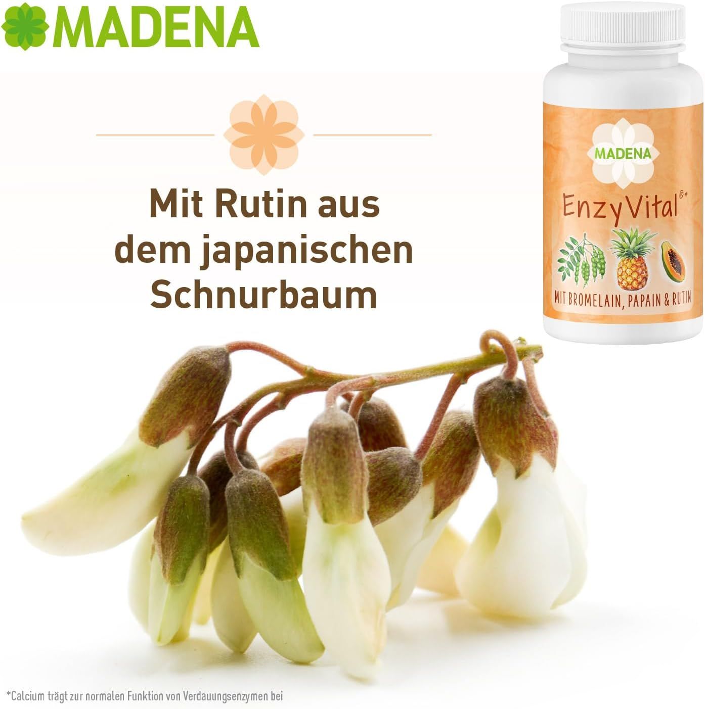 Blütenzweig mit weißen Blüten. Rechts: Flasche mit MADENA EnzyVital. Text: Mit Rutin aus dem japanischen Schnurbaum.