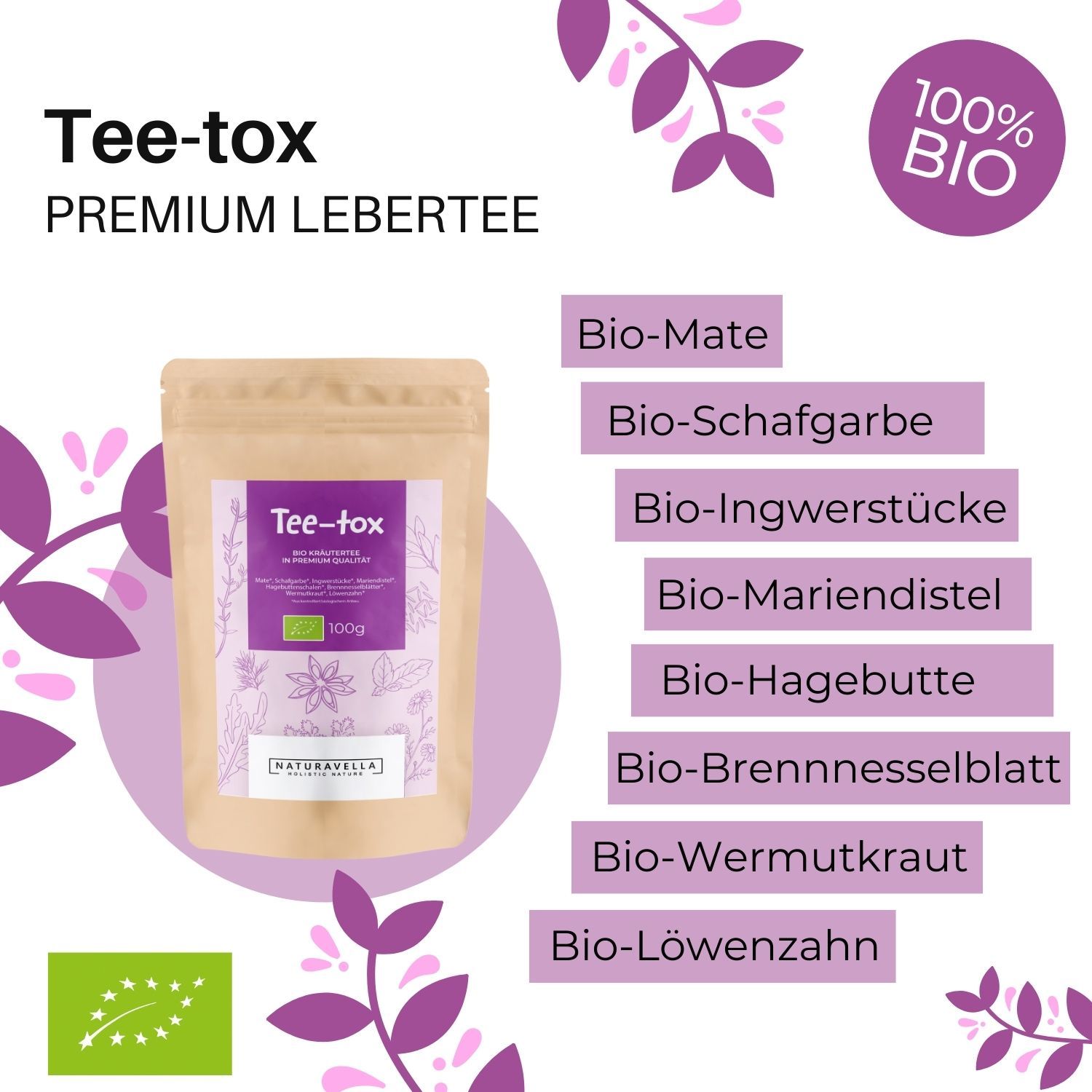 Produktabbildung mit Tee-tox Kräutermischung. Auflistung der Inhaltsstoffe. Bio-Siegel. Marke: Naturavella.