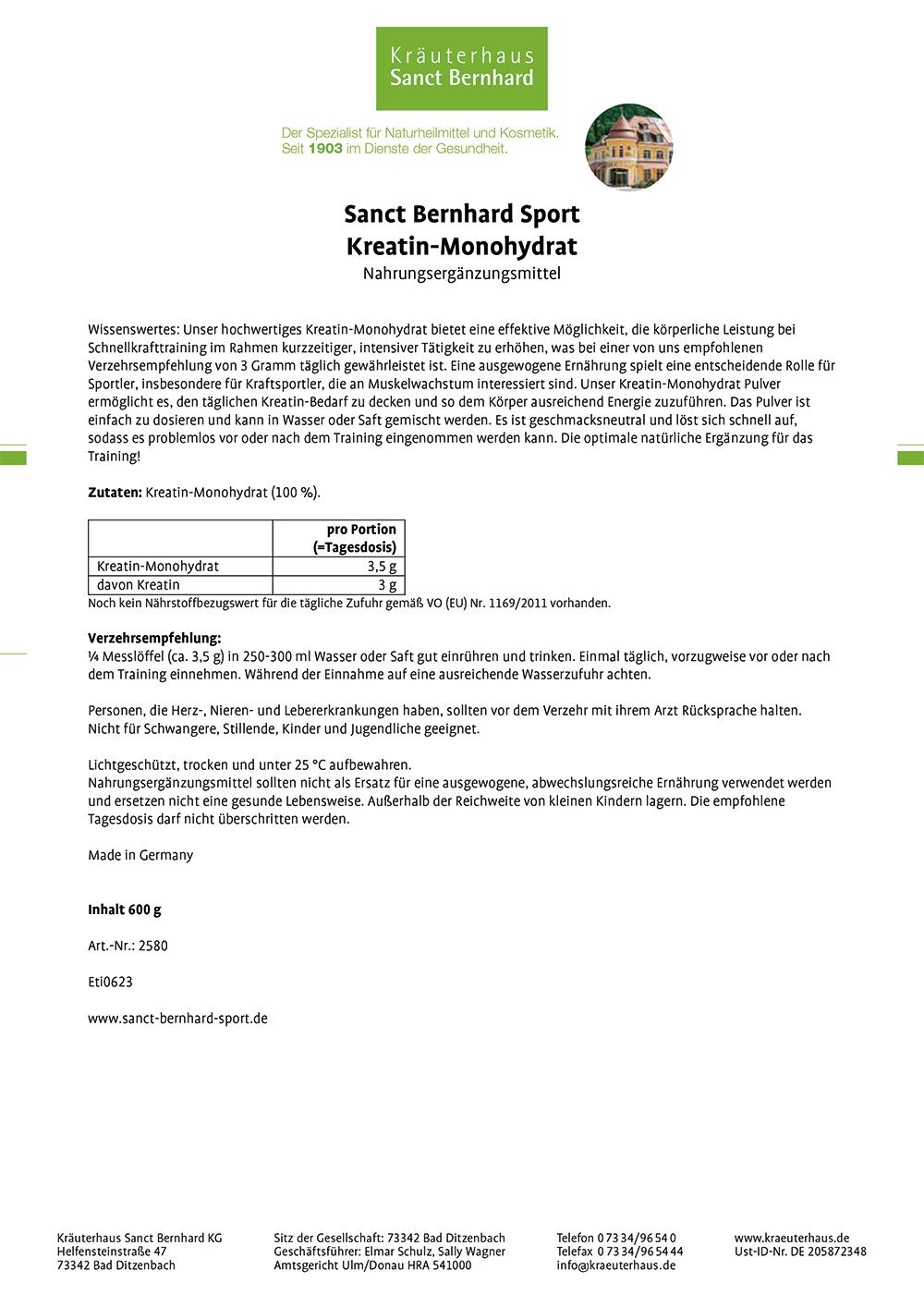 Weißes Blatt mit Text. Überschrift: Sanct Bernhard Sport Kreatin-Monohydrat. Informationen zu Inhaltsstoffen und Anwendung.