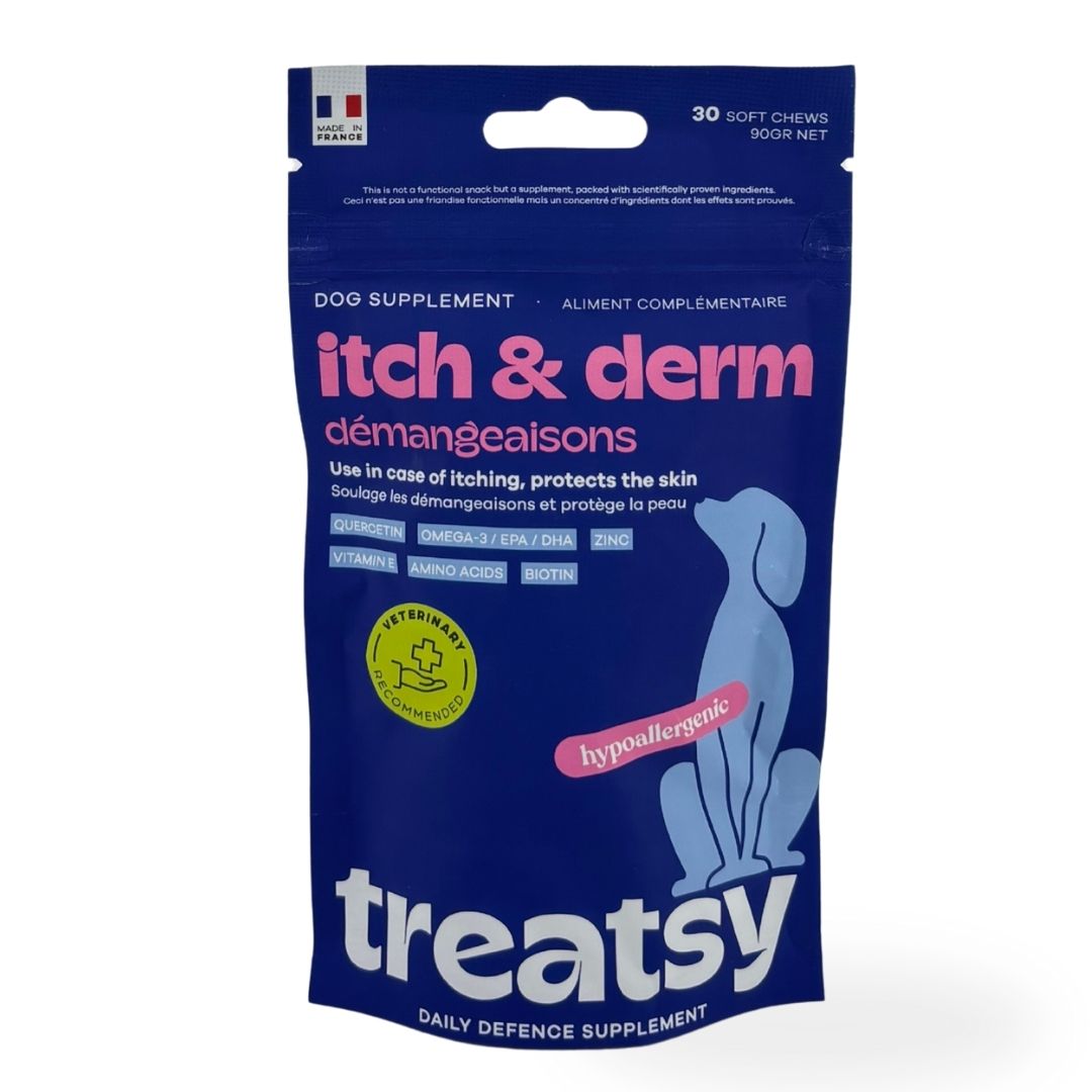 Blaue Tüte mit "itch & derm" und "Treatsy" Aufdruck. Enthält 30 Soft Chews. Mit Flagge.