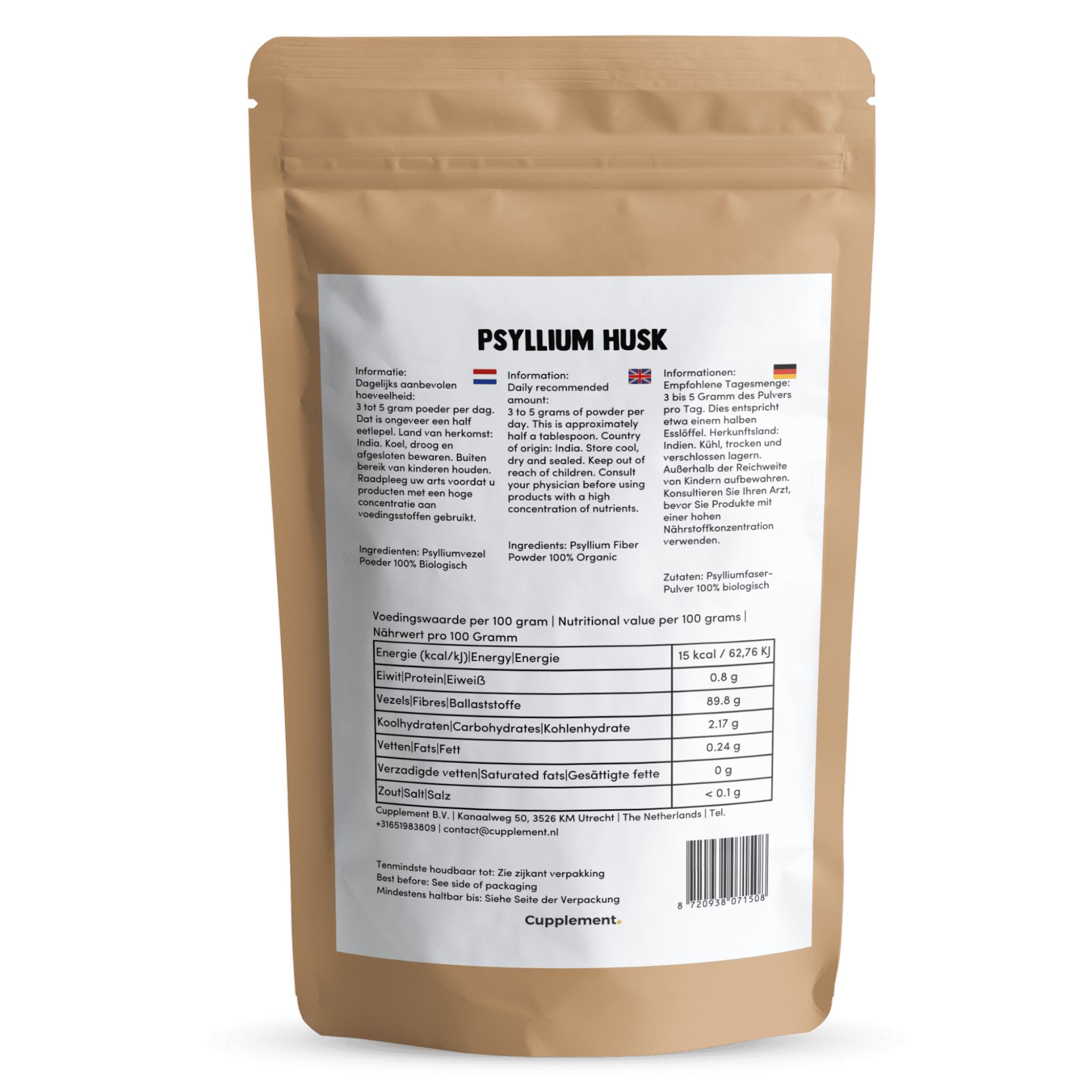 Beutel mit Psyllium Husk. Text: Psyllium Husk, Nährwertangaben, Zutaten, 100% Bio.