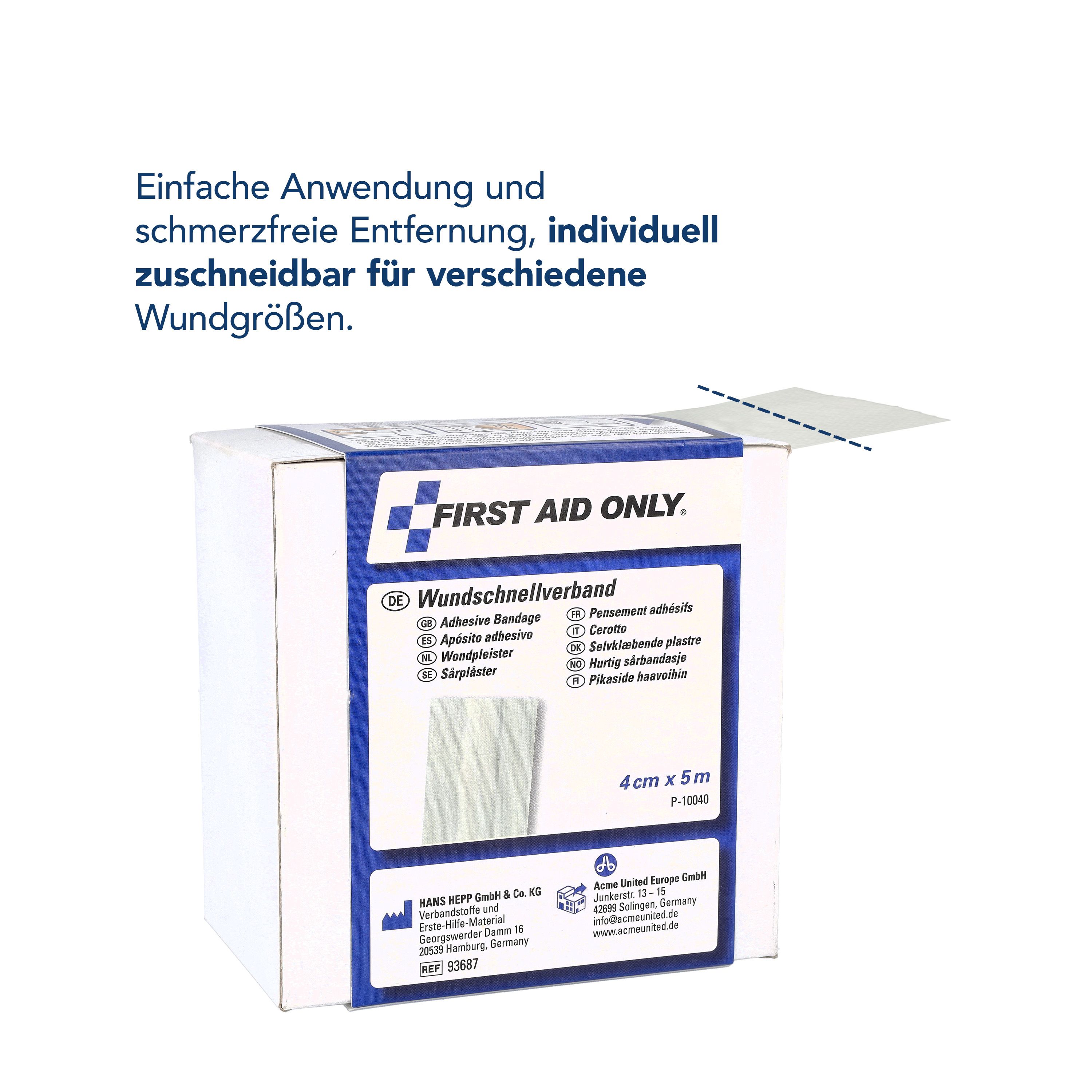 Verpackung mit "FIRST AID ONLY" und "Wundschnellverband". Aufgedruckt sind Größenangaben: 4 cm x 5 m. Text: "Einfache Anwendung und schmerzfreie Entfernung".