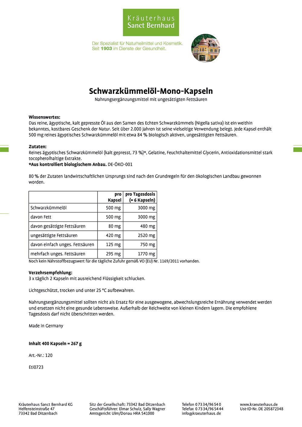 Sanct Bernhard Schwarzkümmelöl-Mono-Kapseln