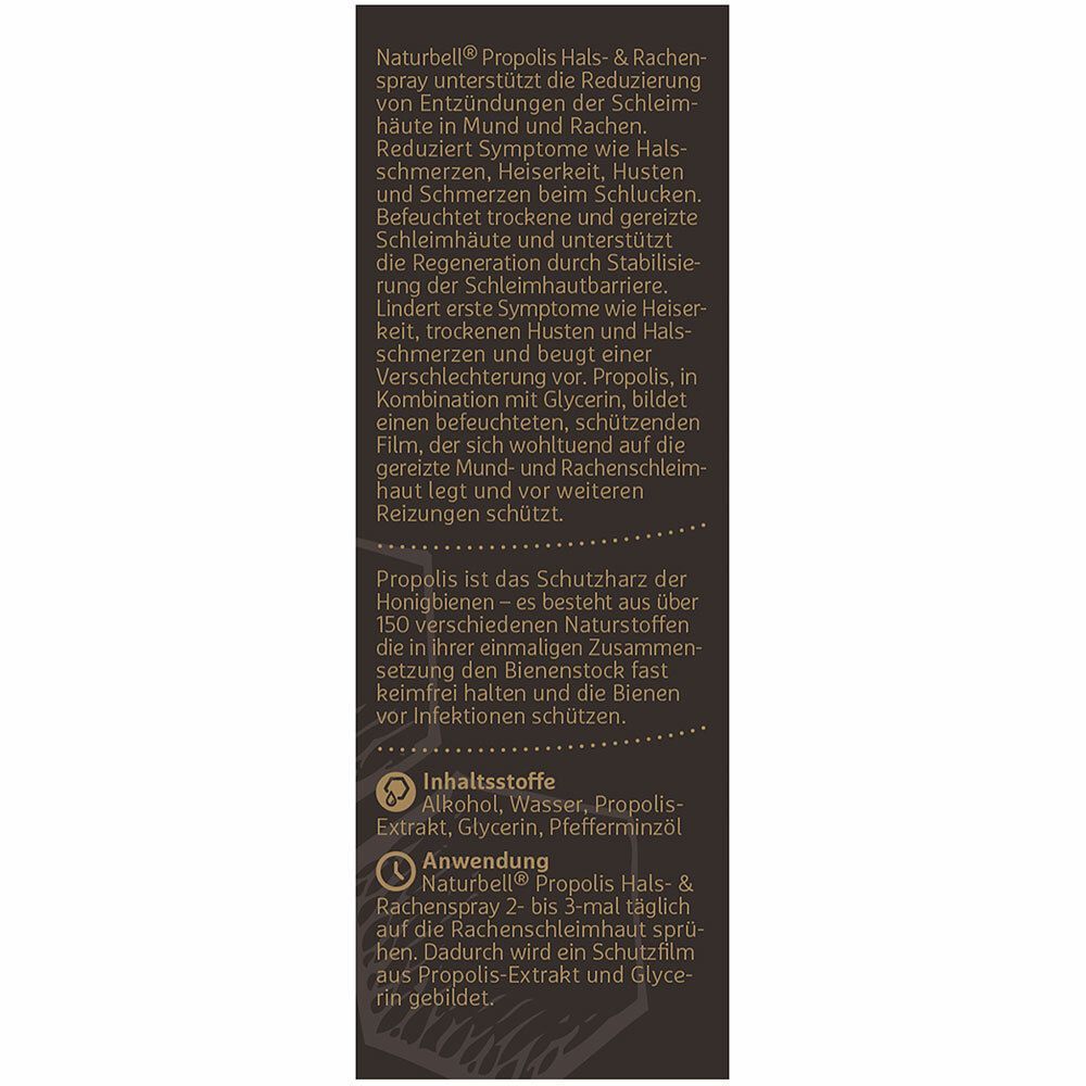 Schmale Kartonseite mit Text. Beschreibt die Wirkung von PROPOLIS HALS- & RACHENSPRAY. Enthält Inhaltsstoffe und Anwendungshinweise.