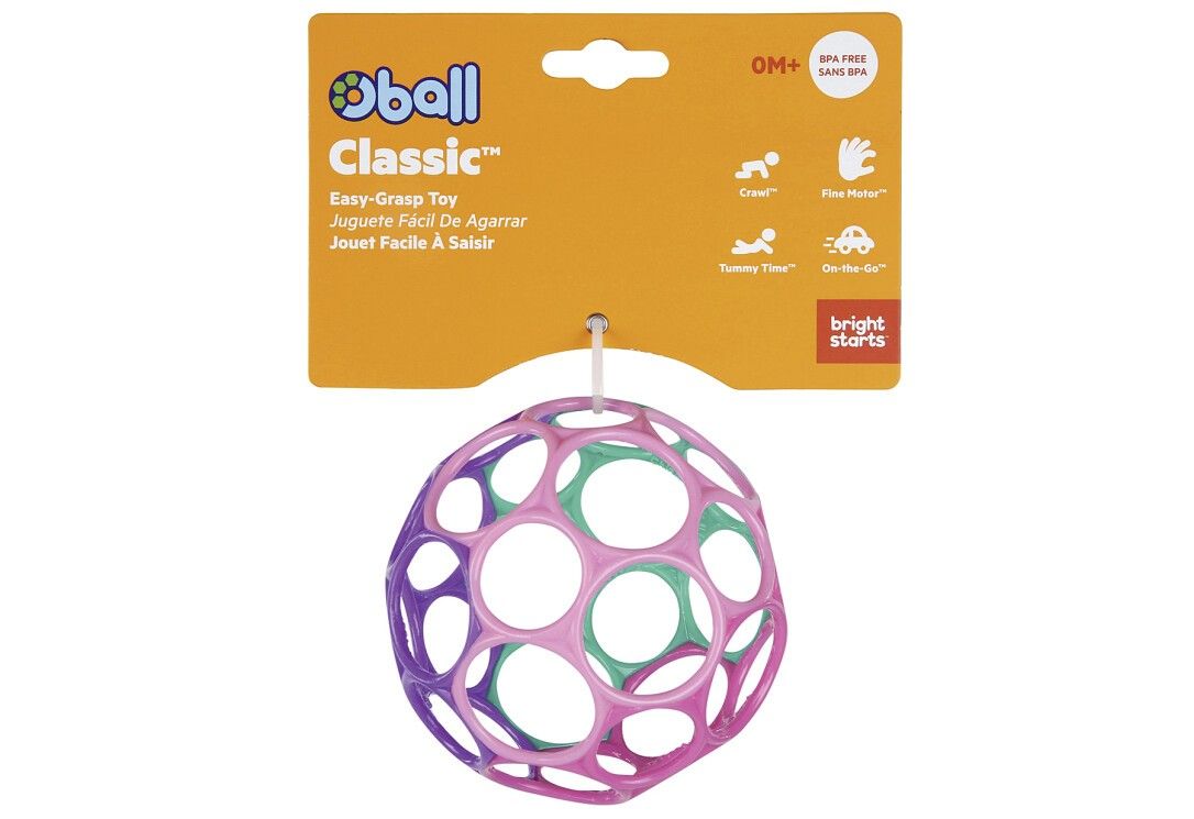 Verpackung mit Oball Classic. Ball mit pinken, lila und türkisen Elementen. Text: Easy-Grasp Toy, BPA-frei.