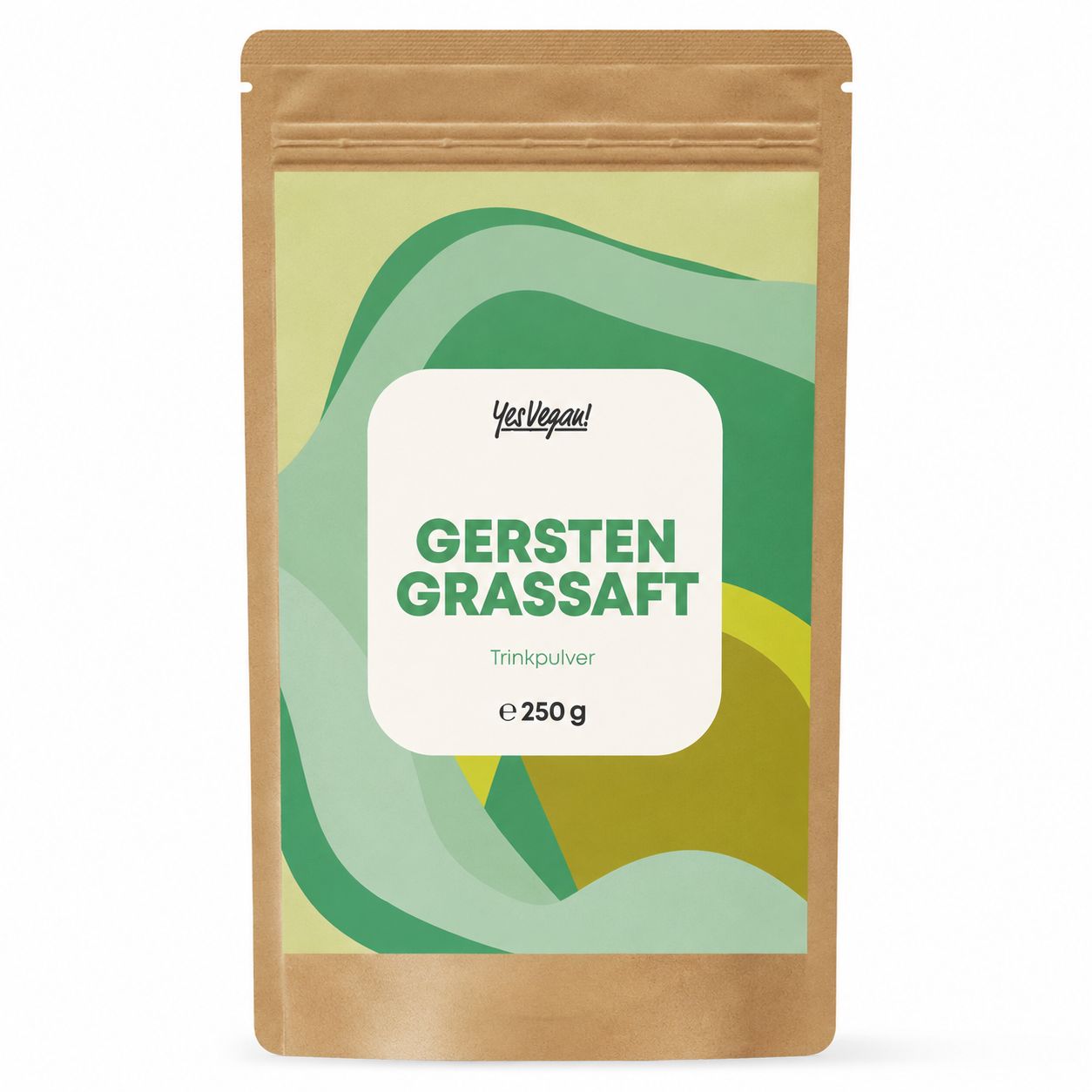 Produktverpackung mit Gerstengras-Trinkpulver. Braune Verpackung mit grünen und gelben Wellen.