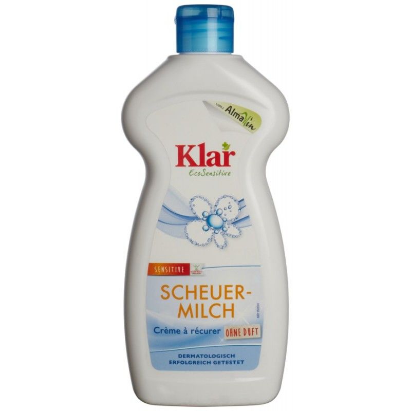 Weiße Flasche mit blauem Deckel. Aufschrift: Klar, Scheuermilch, Sensitive. Text: Ohne Duft, dermatologisch getestet.