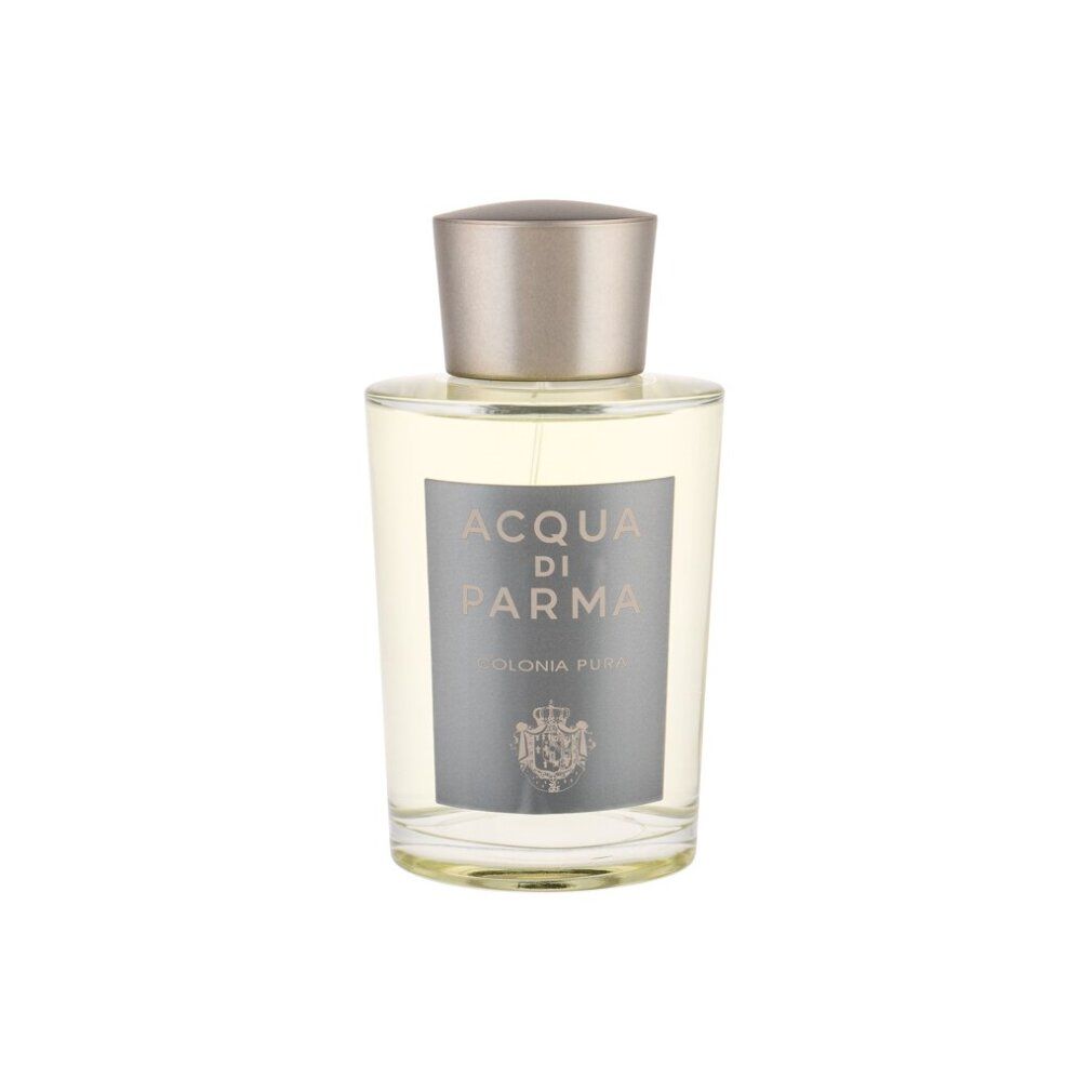 Glasflakon mit silbernem Verschluss. Etikett mit Aufschrift: Acqua di Parma Colonia Pura.