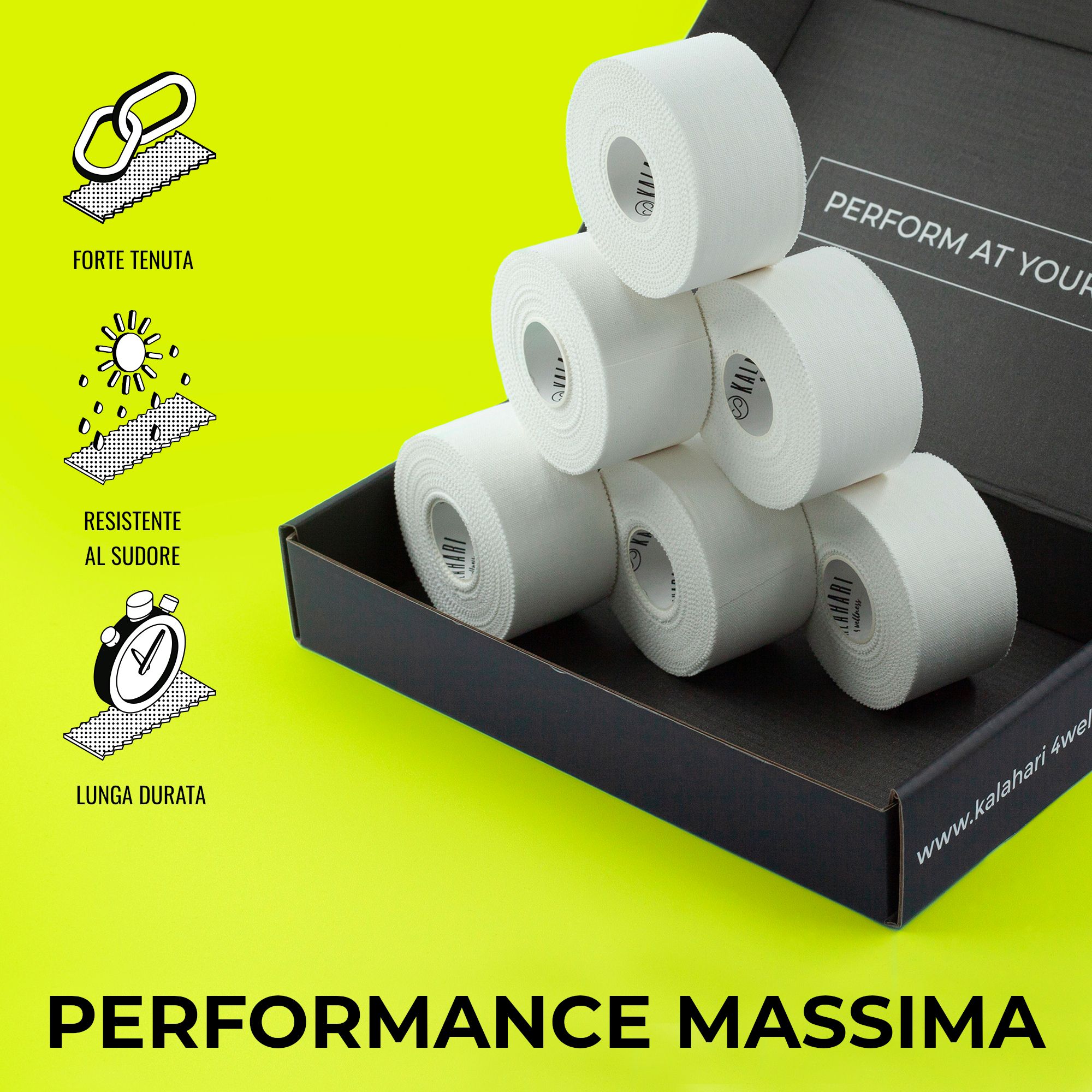 Sechs Rollen weißes Sporttape in einer offenen schwarzen Box, mit Icons für Stärke und Haltbarkeit.