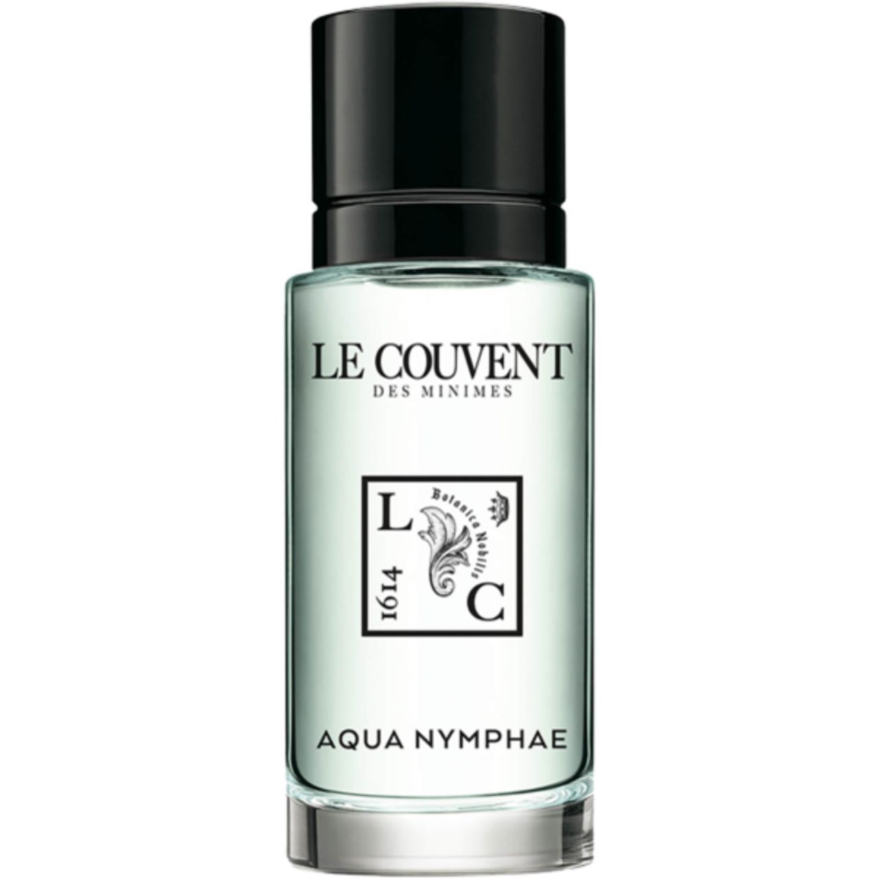 Glasflakon mit schwarzem Verschluss. Aufschrift: Aqua Nymphae, Le Couvent des Minimes.