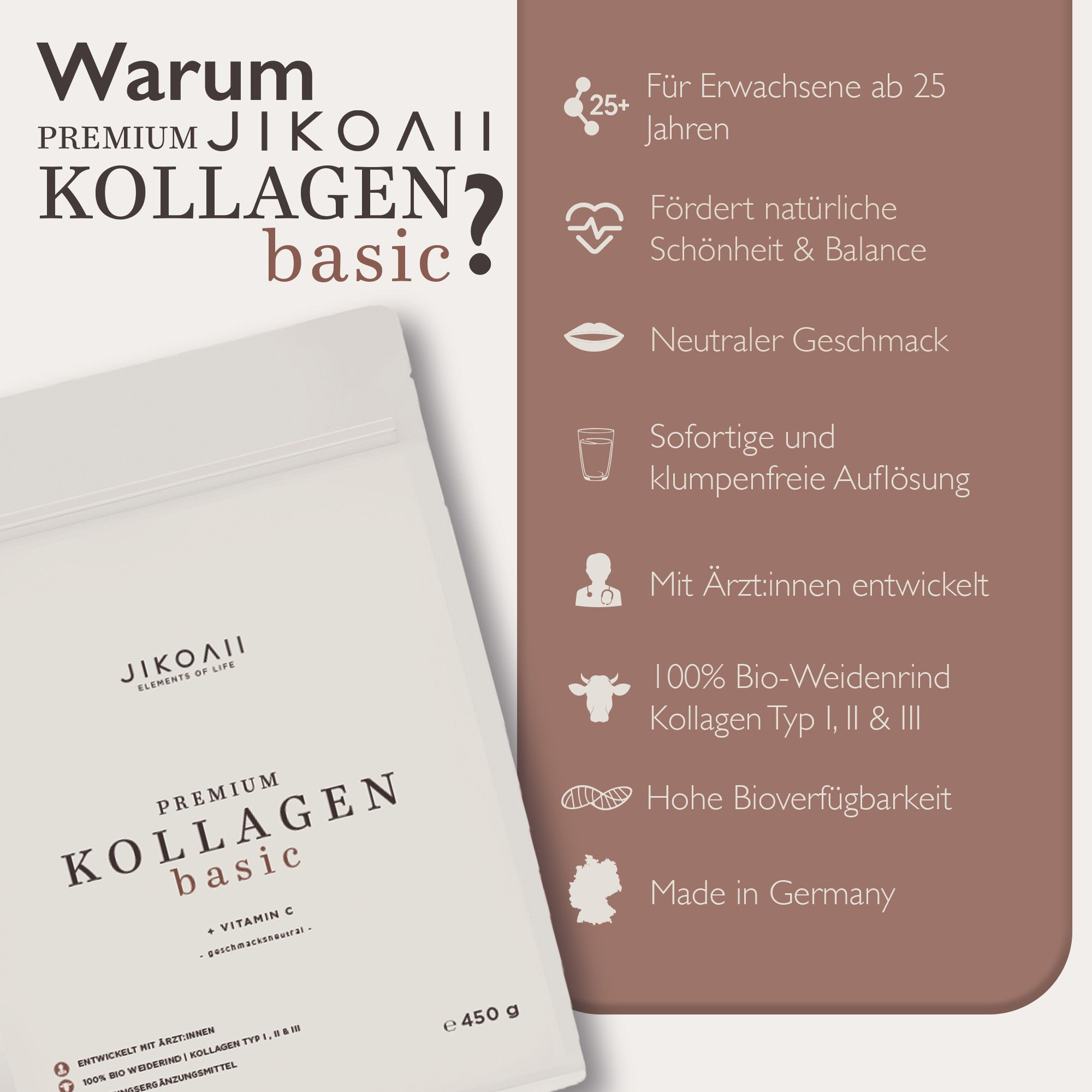 Produktverpackung mit Text. Aufschrift: JIKOAII Premium Kollagen Basic + Vitamin C. Text über Vorteile und Inhaltsstoffe.