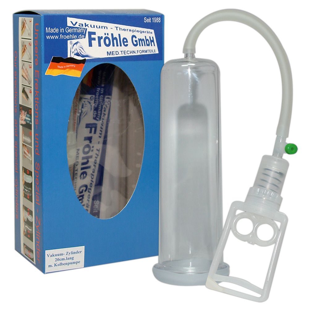 Produktverpackung mit Gerät, Zylinder, Schlauch und grünem Ventil. Text: Fröhle, Vakuum-Therapie.