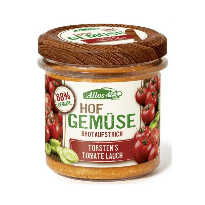 Glas mit Aufstrich. Auf dem Etikett: Allos Hofgemüse, Torstens Tomate Lauch. 68% Gemüse. Deckel aus Holzoptik.